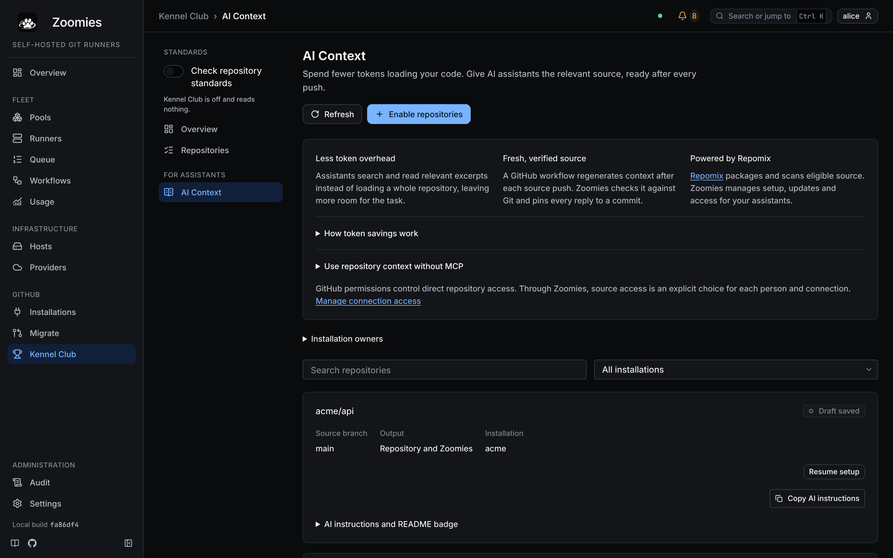The AI Context page listing two repositories in the acme installation, each a saved draft with its source branch, output and installation, and the Installation owners panel above them