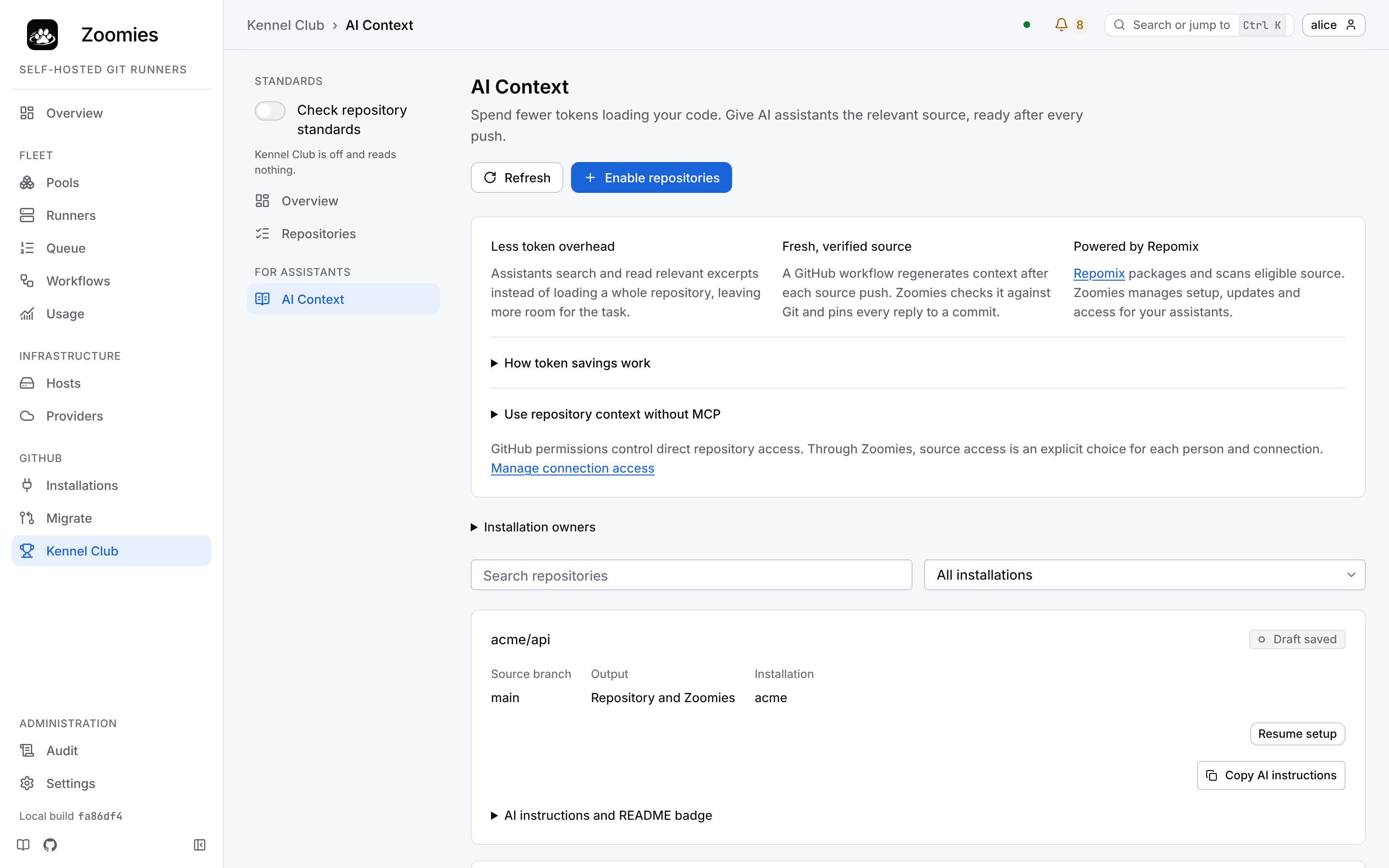 The AI Context page listing two repositories in the acme installation, each a saved draft with its source branch, output and installation, and the Installation owners panel above them