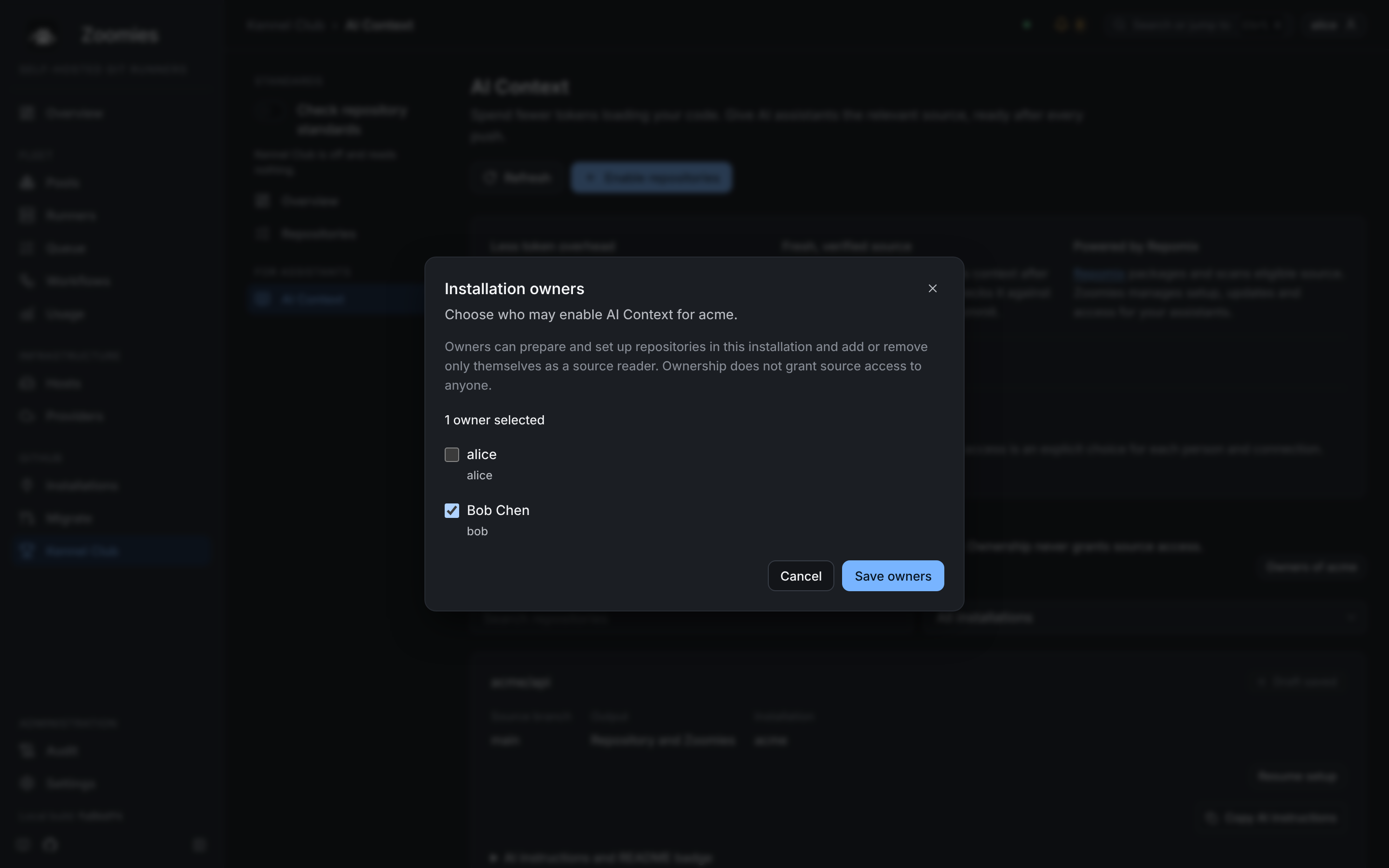 The Installation owners dialog on the AI Context page: choosing who may enable AI Context for the acme installation, with Bob Chen ticked and a note that ownership grants no source access