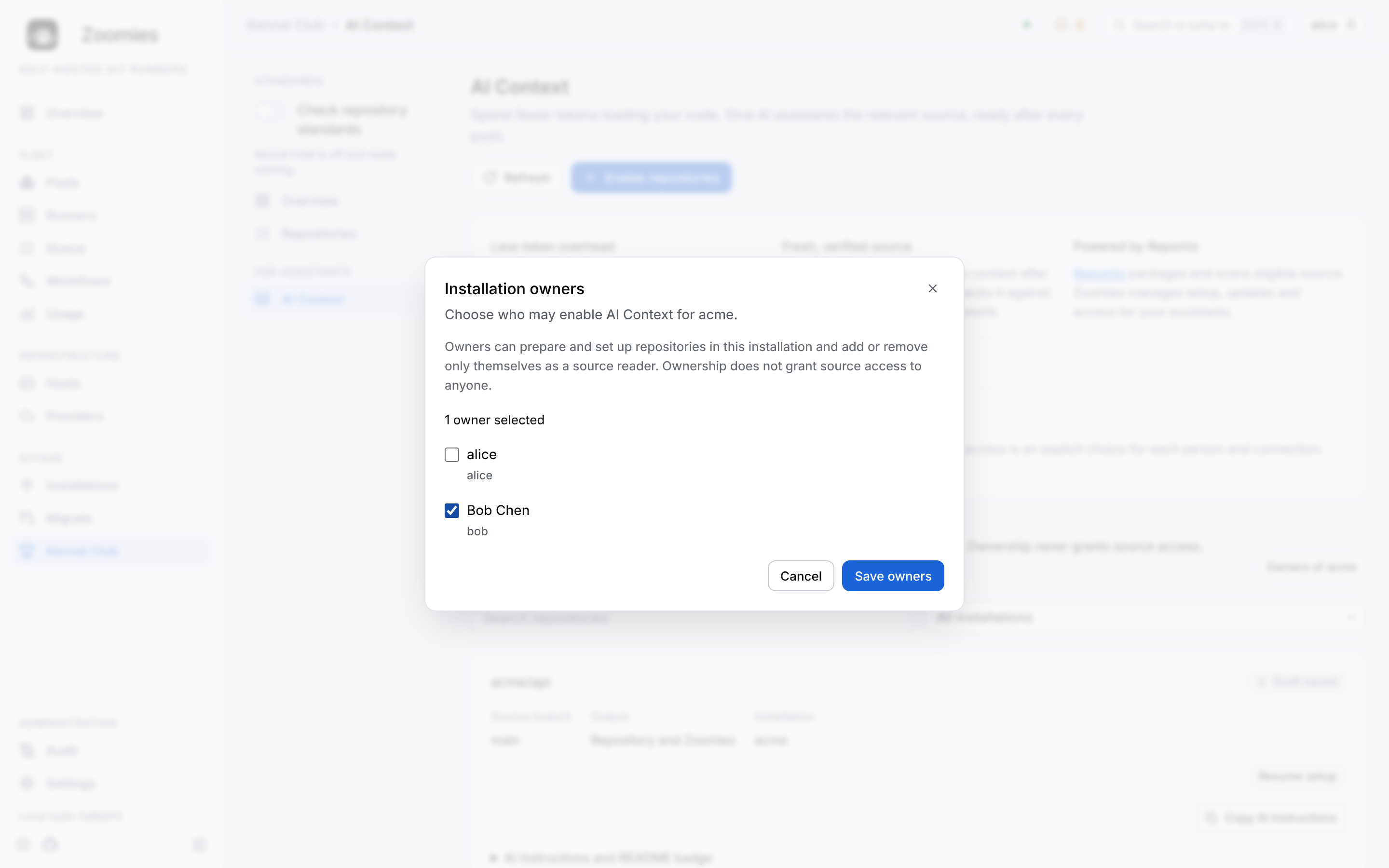 The Installation owners dialog on the AI Context page: choosing who may enable AI Context for the acme installation, with Bob Chen ticked and a note that ownership grants no source access