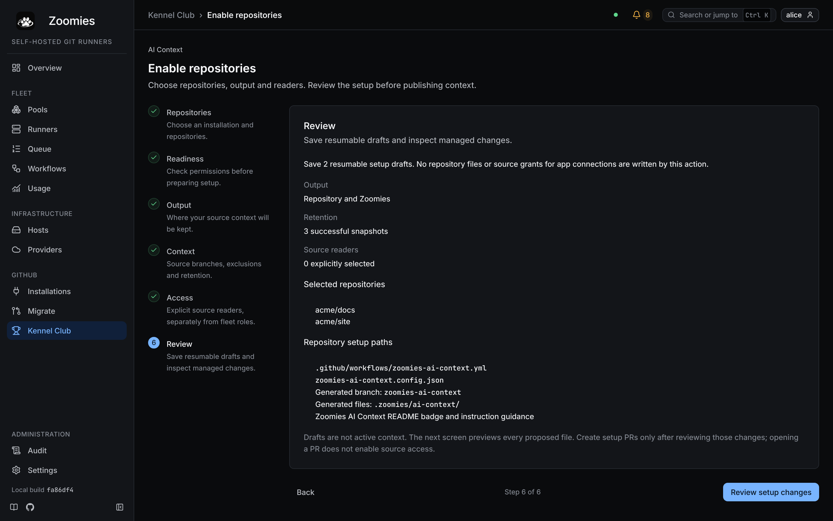 The Enable repositories wizard's review step: two repositories, Repository and Zoomies output, three retained snapshots, no readers yet, and the workflow, configuration, generated branch and badge paths the setup will touch