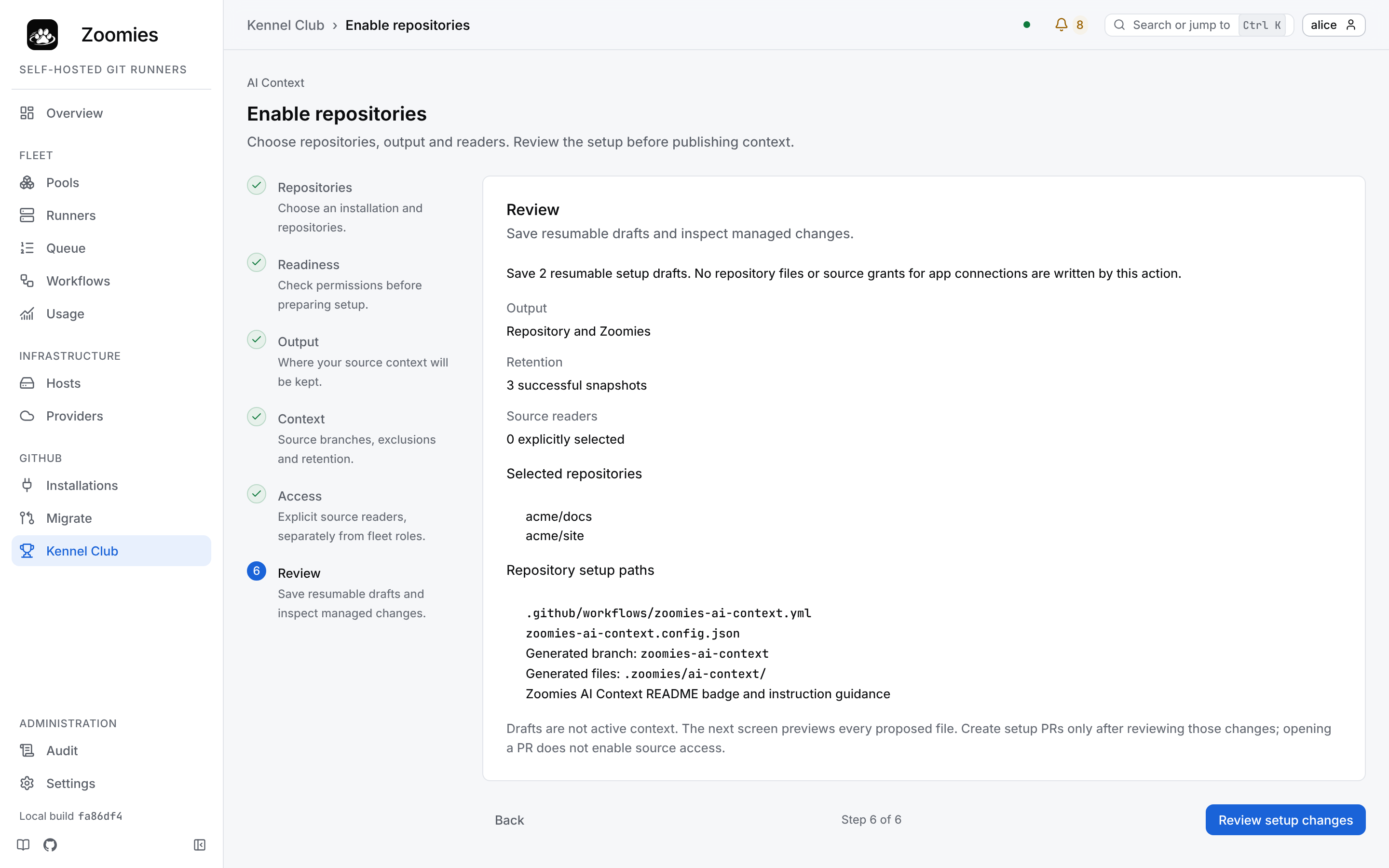The Enable repositories wizard's review step: two repositories, Repository and Zoomies output, three retained snapshots, no readers yet, and the workflow, configuration, generated branch and badge paths the setup will touch