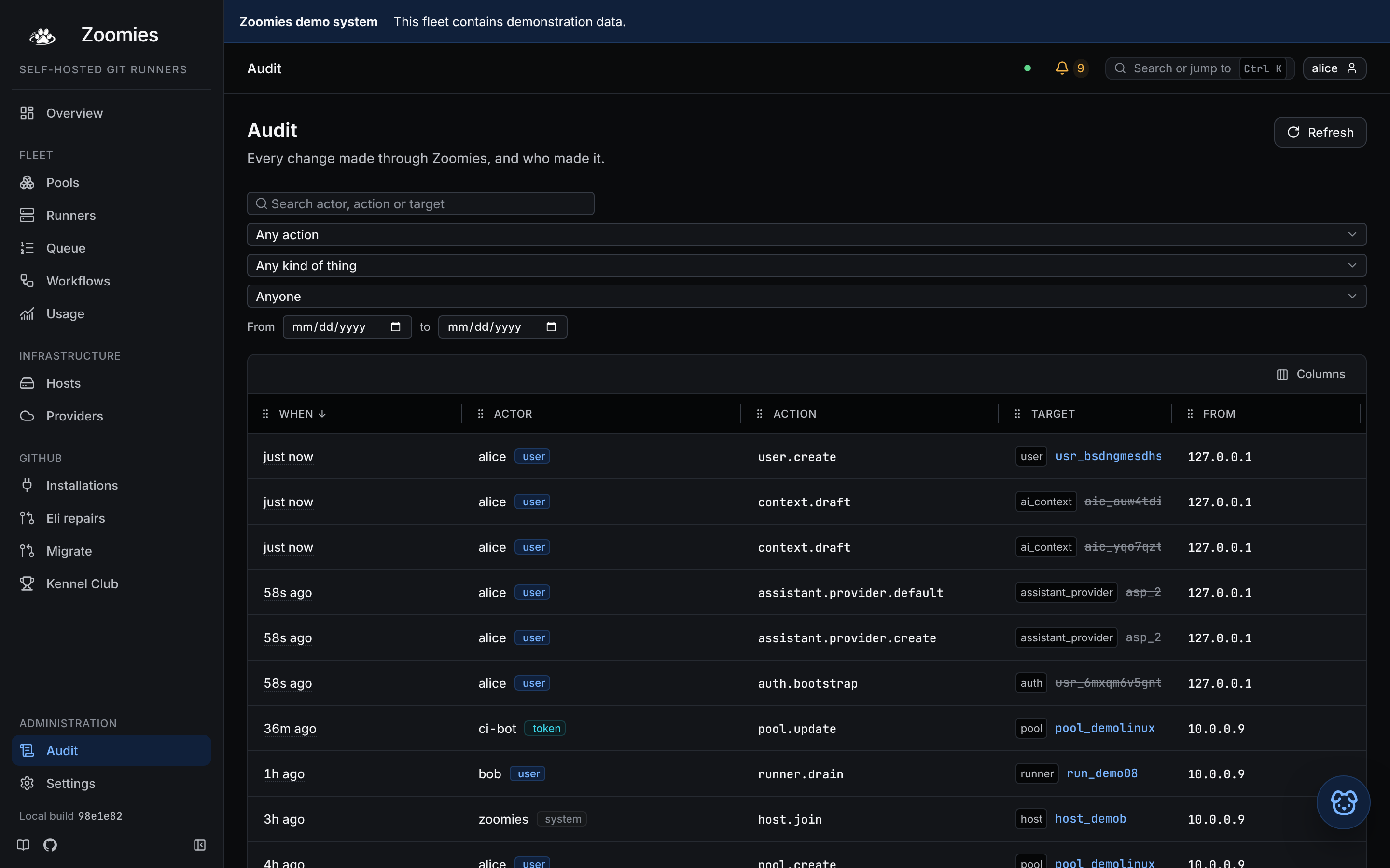 The Audit grid: when, actor, action, target and source address for each change