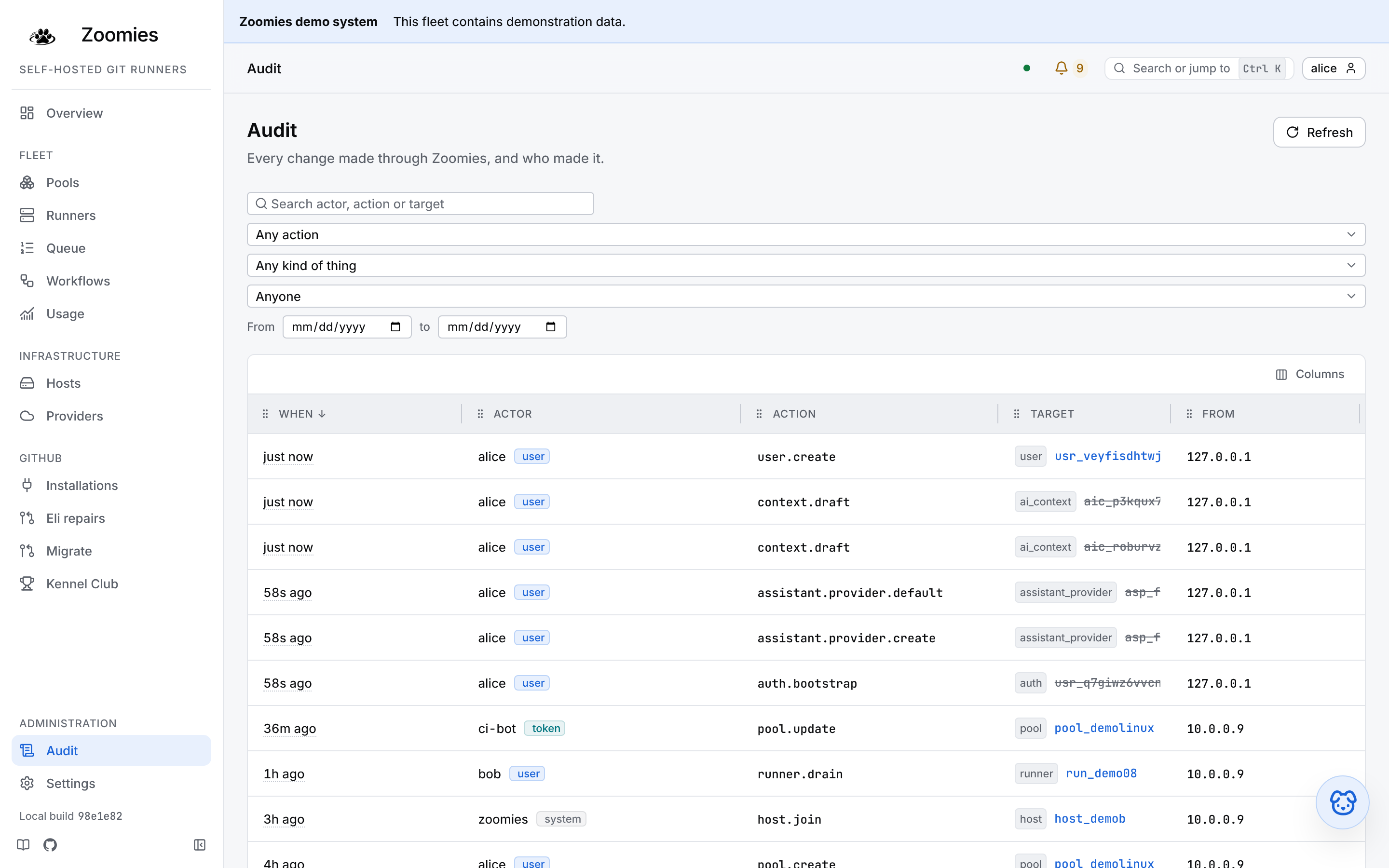 The Audit grid: when, actor, action, target and source address for each change