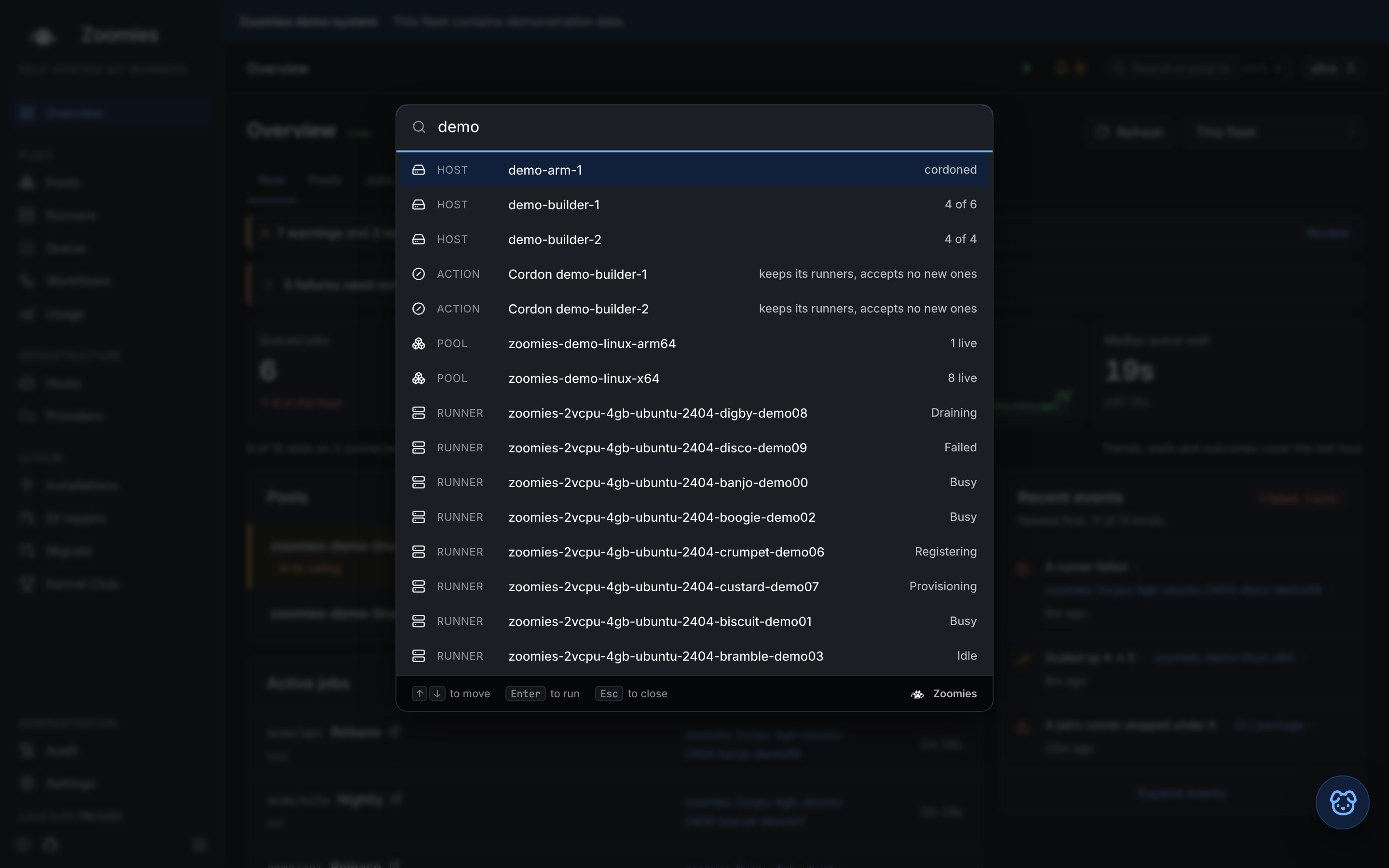 The command palette matching hosts, pools, runners and quick actions for the word "demo"