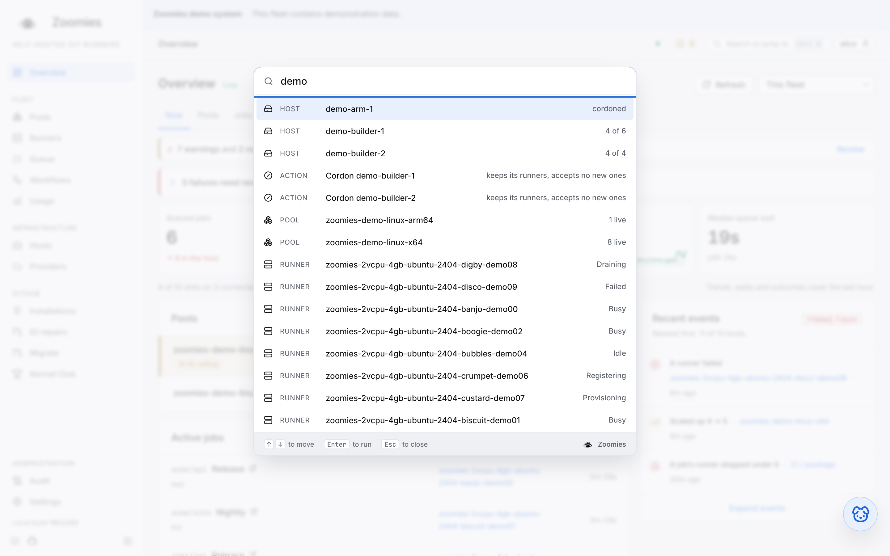 The command palette matching hosts, pools, runners and quick actions for the word "demo"