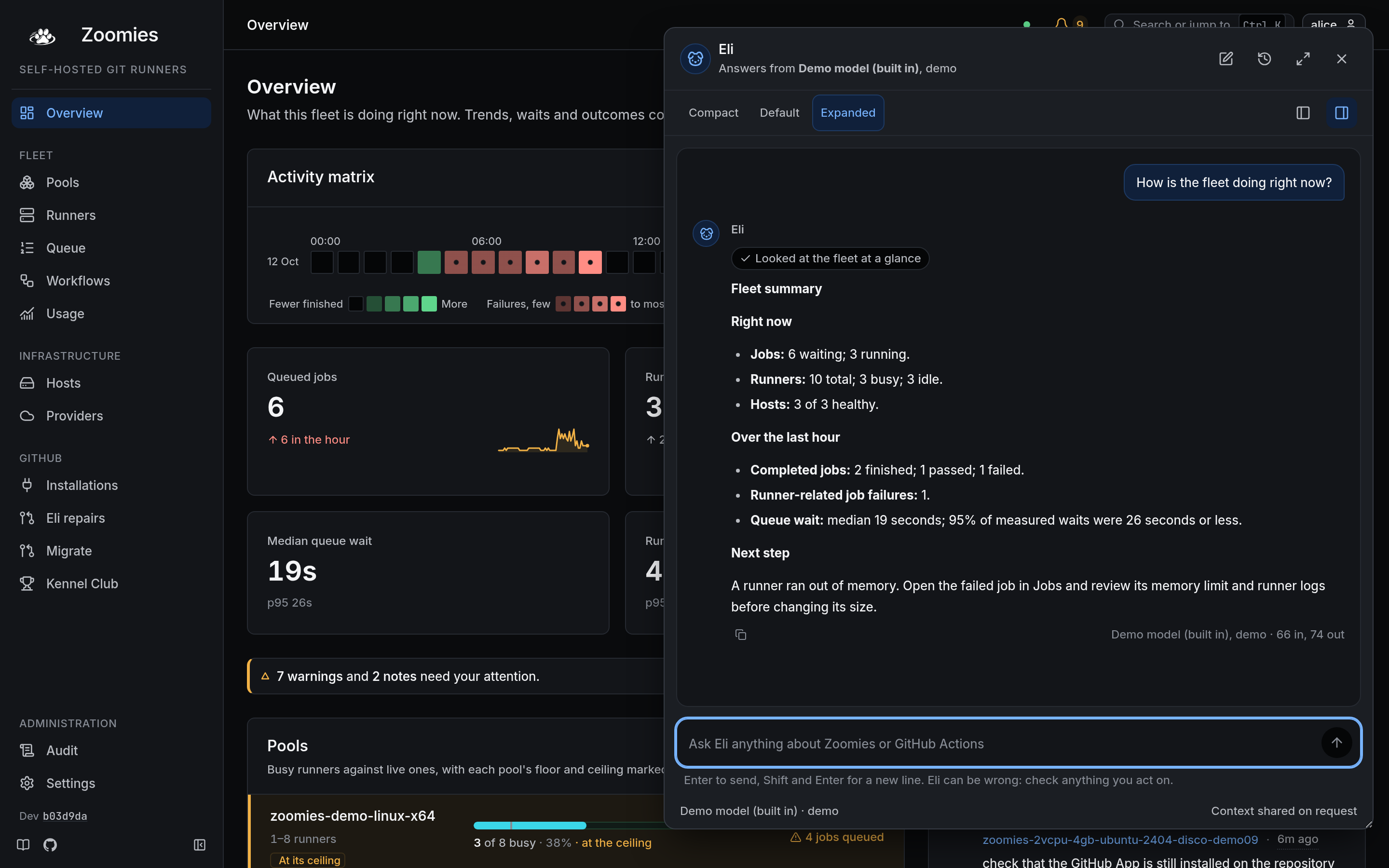 Eli in an expanded panel beside Overview: a question about the fleet, the demo model's reply and the fleet lookup listed under What Eli looked at