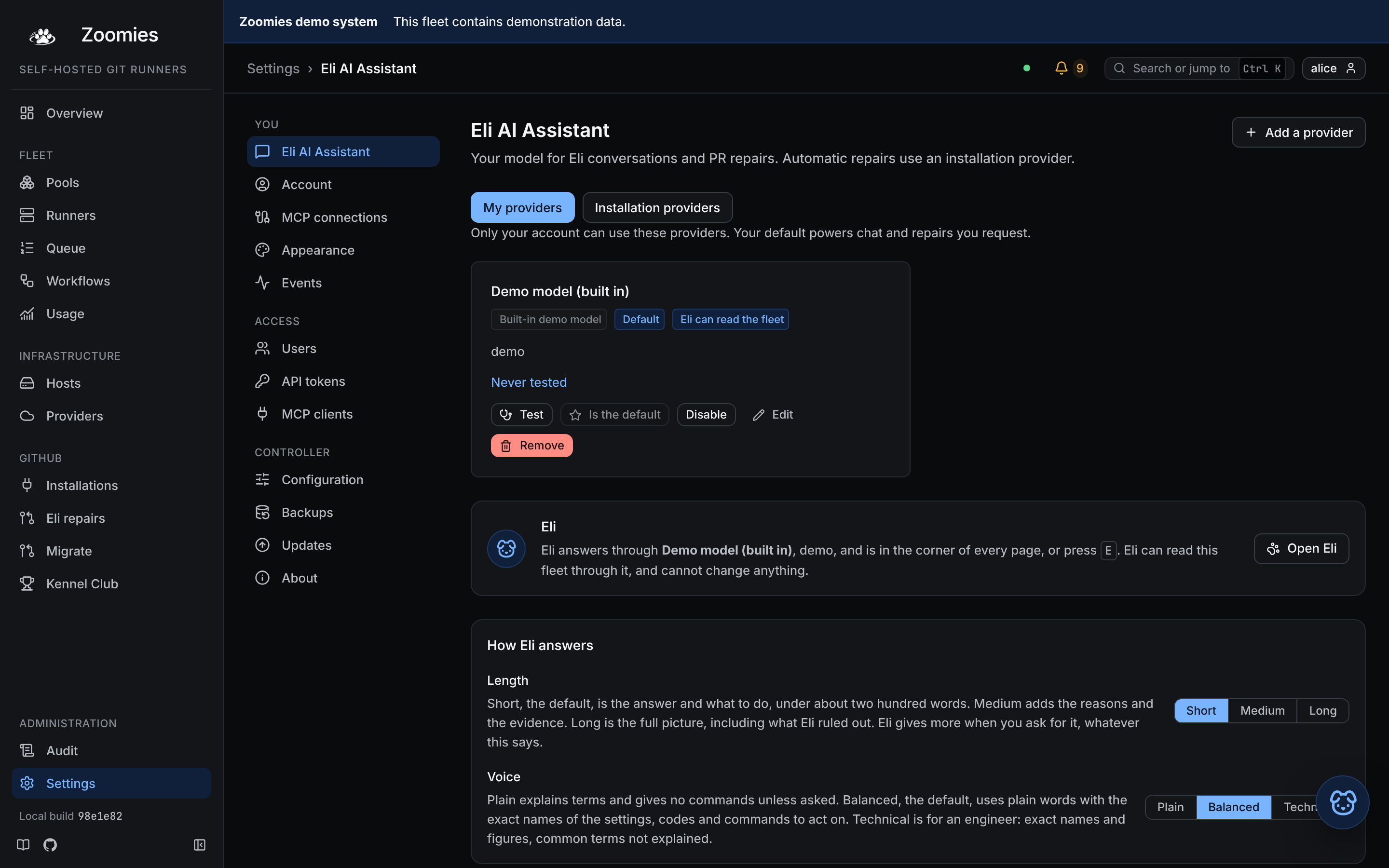 Eli AI Assistant settings: the personal provider area, the built-in demo model, provider controls and the card that opens Eli