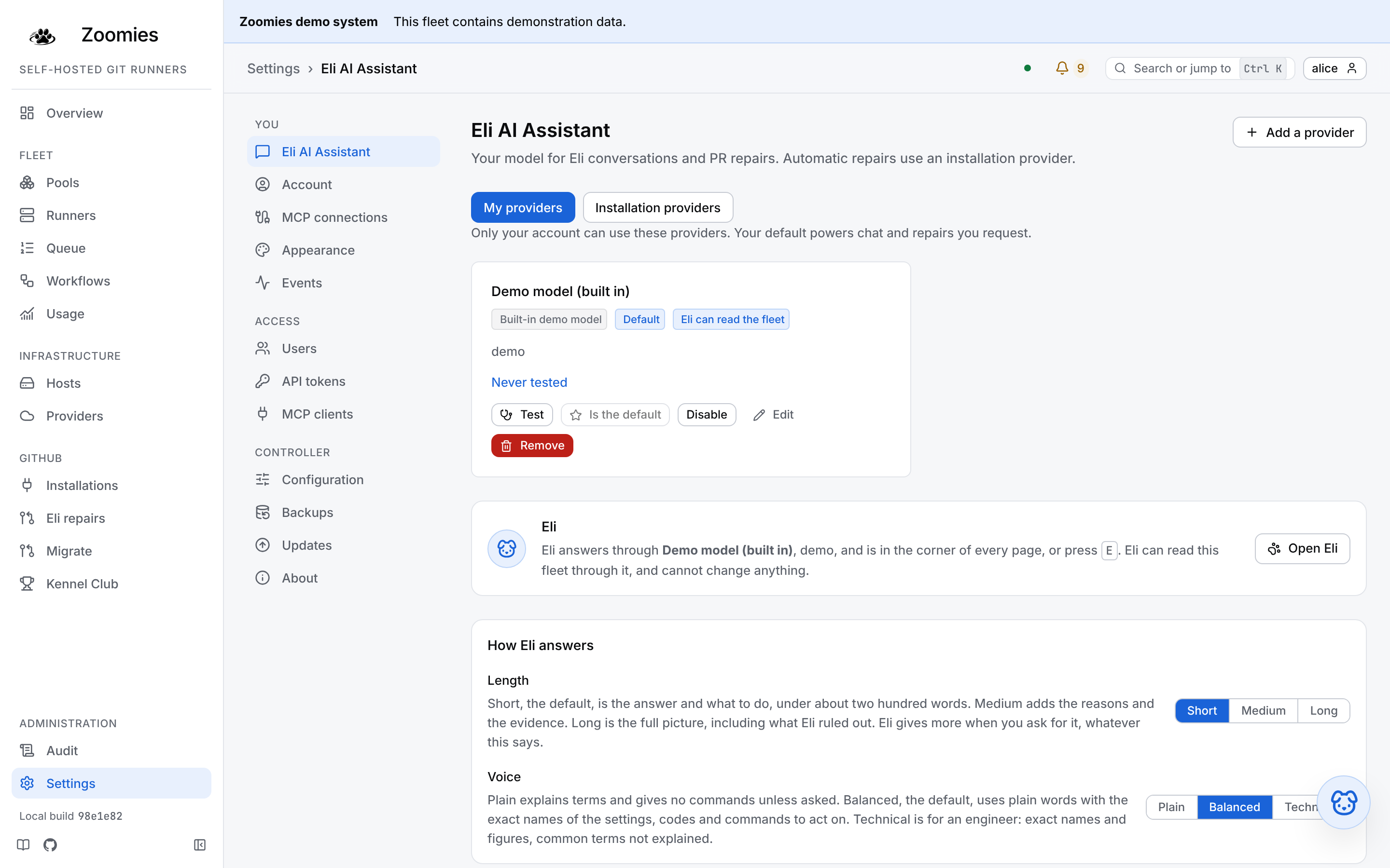 Eli AI Assistant settings: the personal provider area, the built-in demo model, provider controls and the card that opens Eli