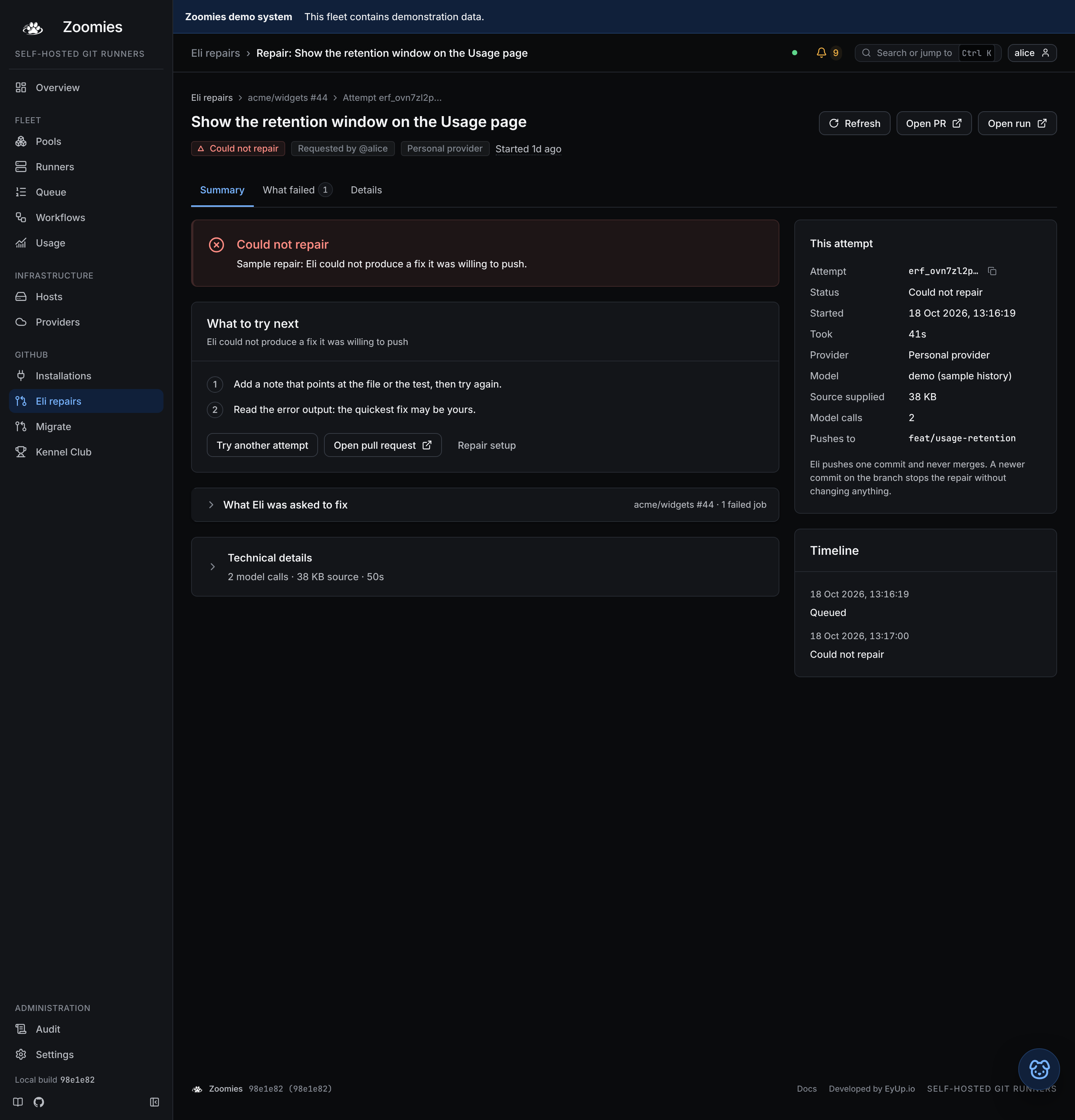 One repair that could not fix its failure: how it ended, what to try next, What Eli was asked to fix and Technical details closed, with the attempt facts and timeline beside