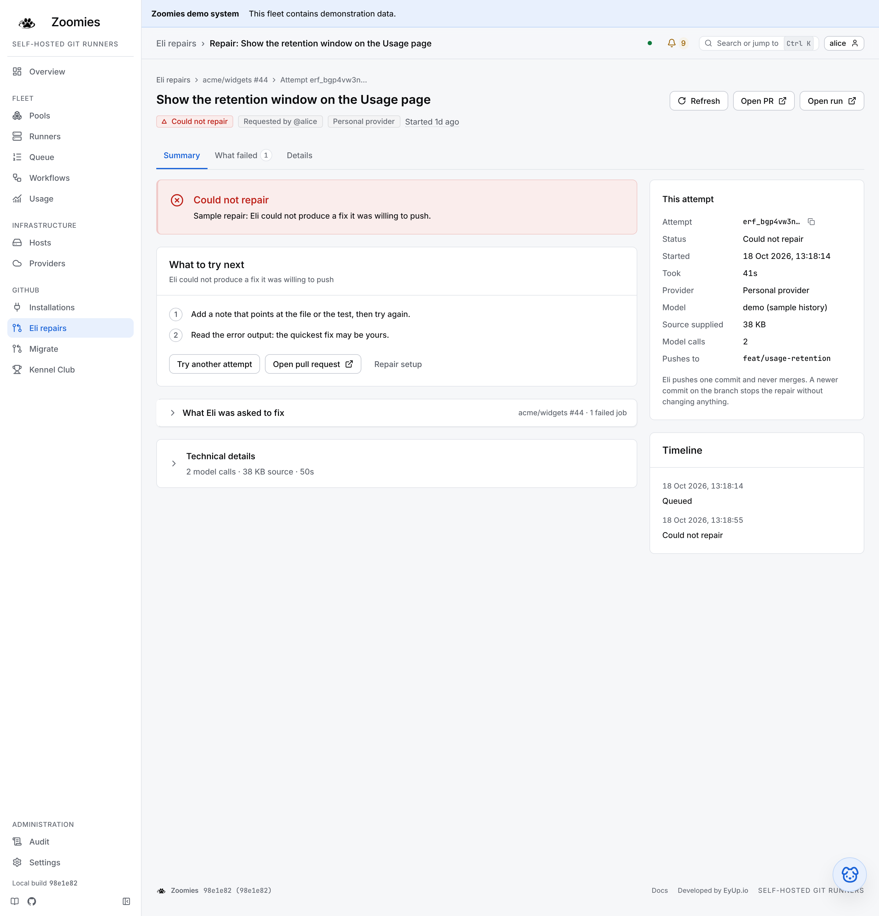 One repair that could not fix its failure: how it ended, what to try next, What Eli was asked to fix and Technical details closed, with the attempt facts and timeline beside