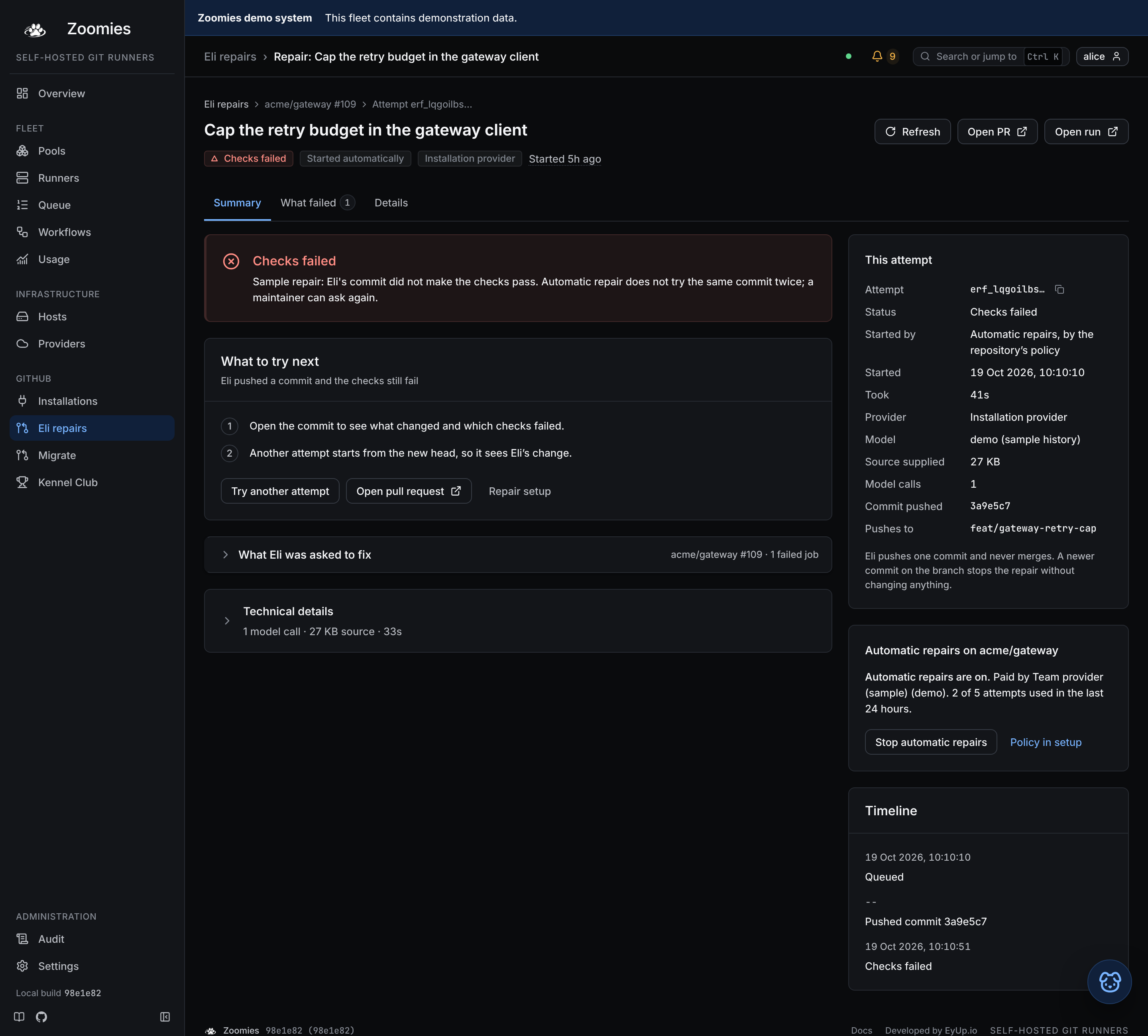An automatic repair that did not fix its failure: Started automatically, the outcome and next steps, and the Automatic repairs card with who pays, the allowance used, Stop automatic repairs and a link to its policy