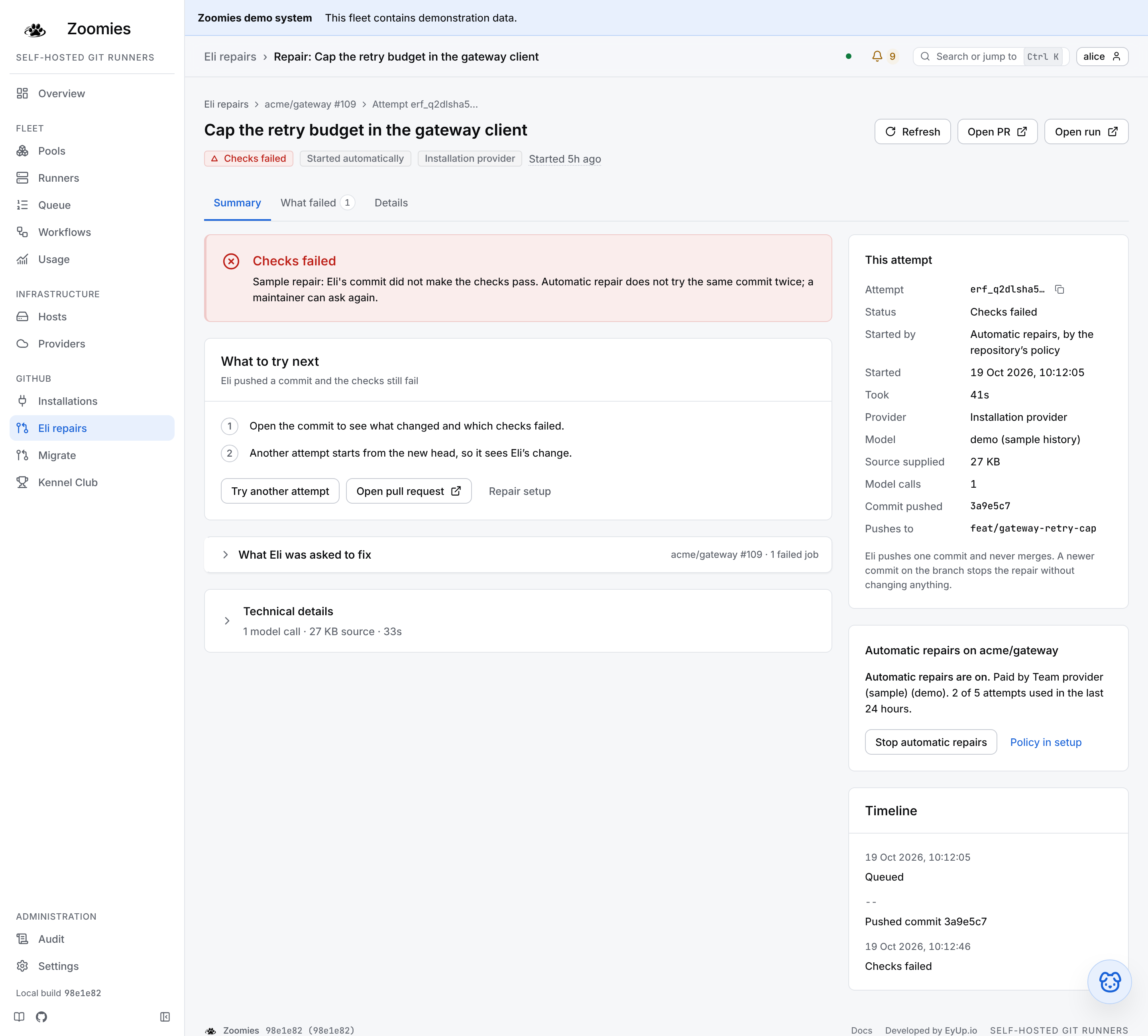 An automatic repair that did not fix its failure: Started automatically, the outcome and next steps, and the Automatic repairs card with who pays, the allowance used, Stop automatic repairs and a link to its policy