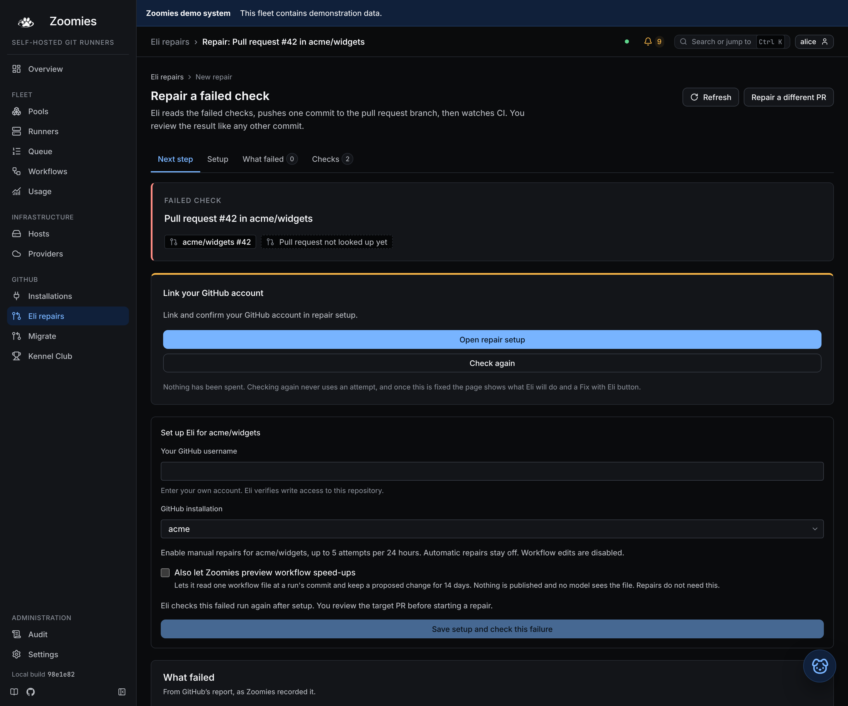 The repair page for a pull request Eli cannot yet act on: the failure it is about, the next step naming the GitHub account and model provider in the way, What failed, and the checks with Show all 9 checks