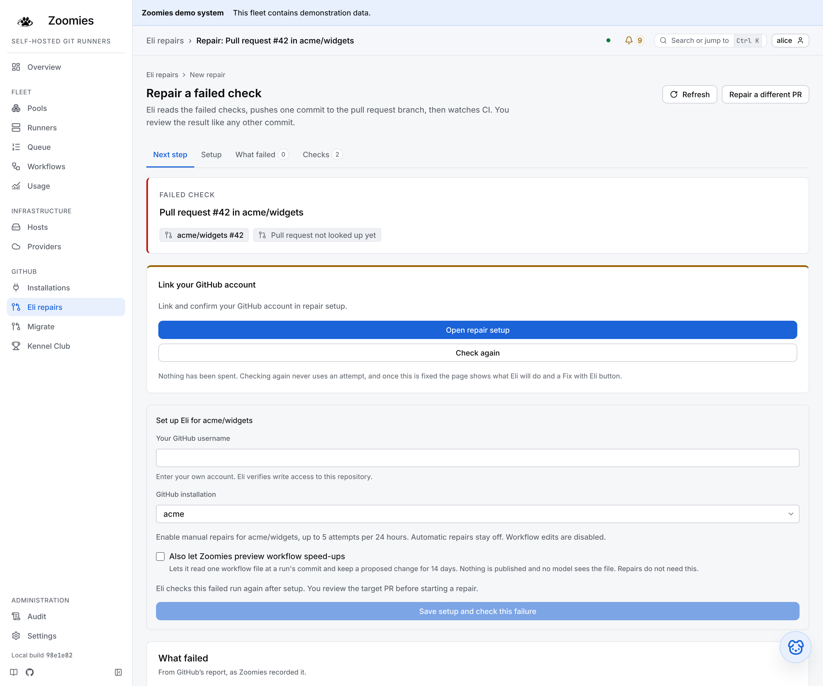 The repair page for a pull request Eli cannot yet act on: the failure it is about, the next step naming the GitHub account and model provider in the way, What failed, and the checks with Show all 9 checks