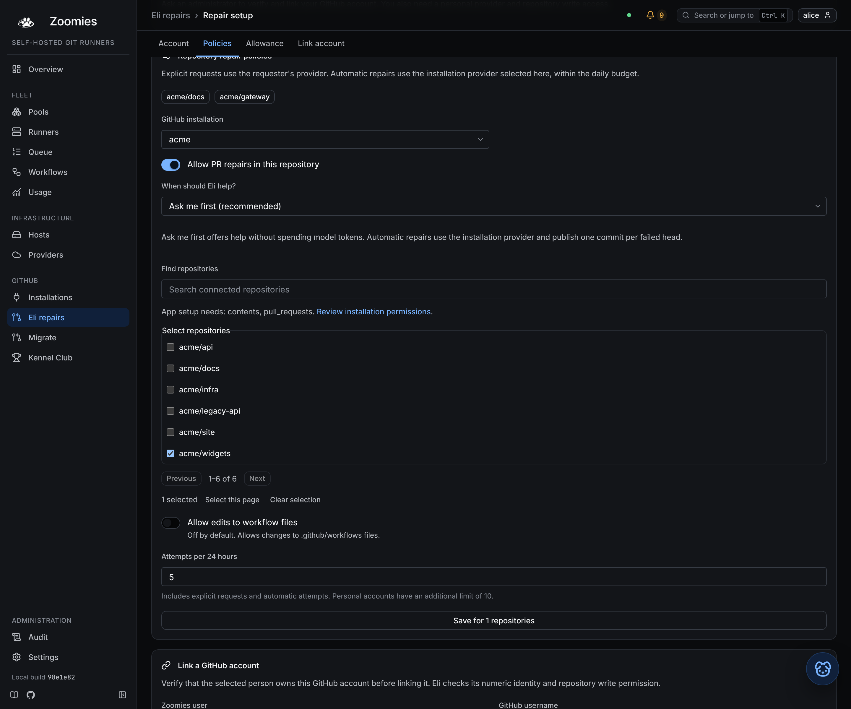 Repair setup: an On this page navigation for Account, Policies, Allowance and Link account, with the repository policy form open, Ask me first selected, acme/widgets checked, workflow edits disabled and a daily attempt budget