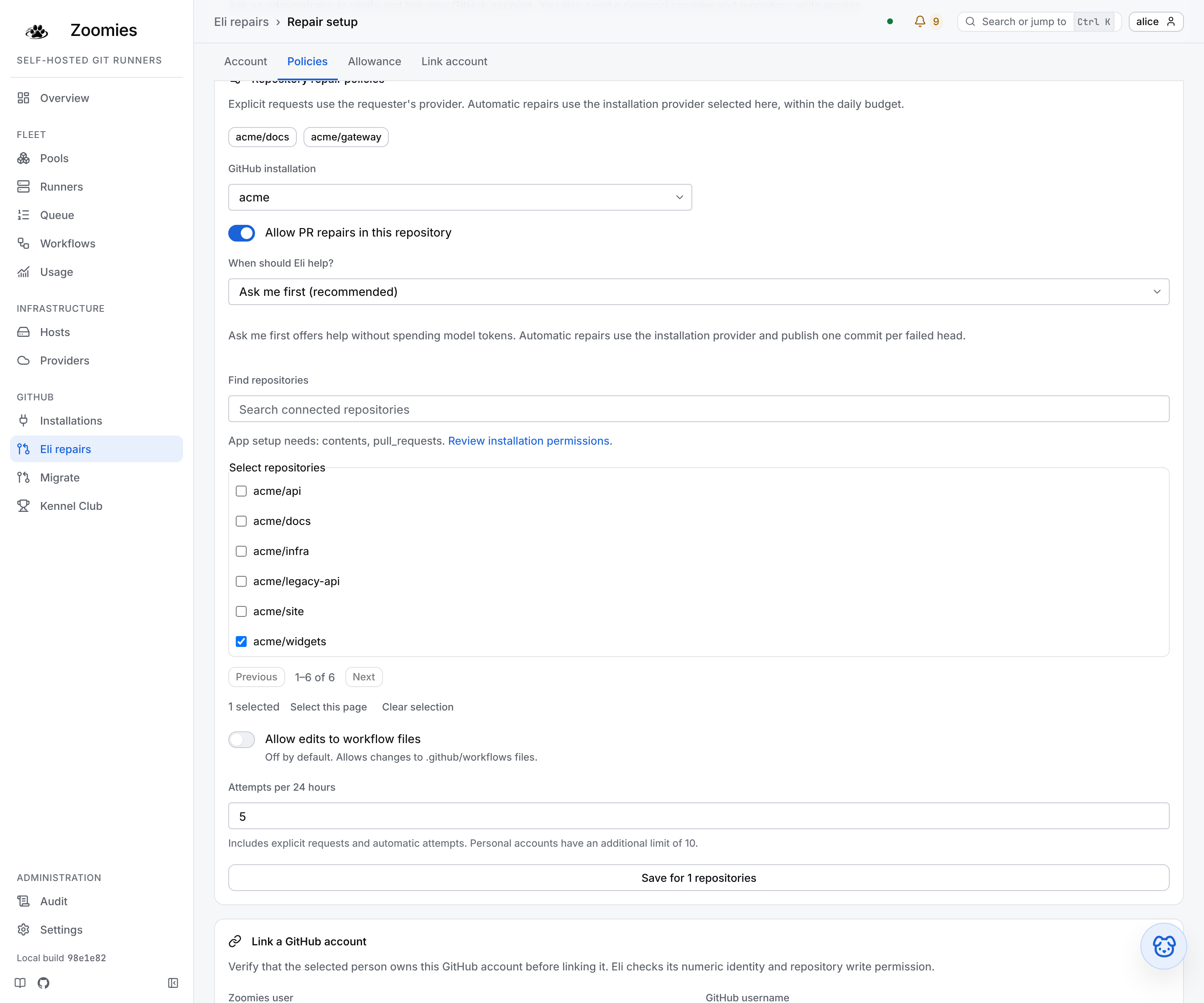 Repair setup: an On this page navigation for Account, Policies, Allowance and Link account, with the repository policy form open, Ask me first selected, acme/widgets checked, workflow edits disabled and a daily attempt budget