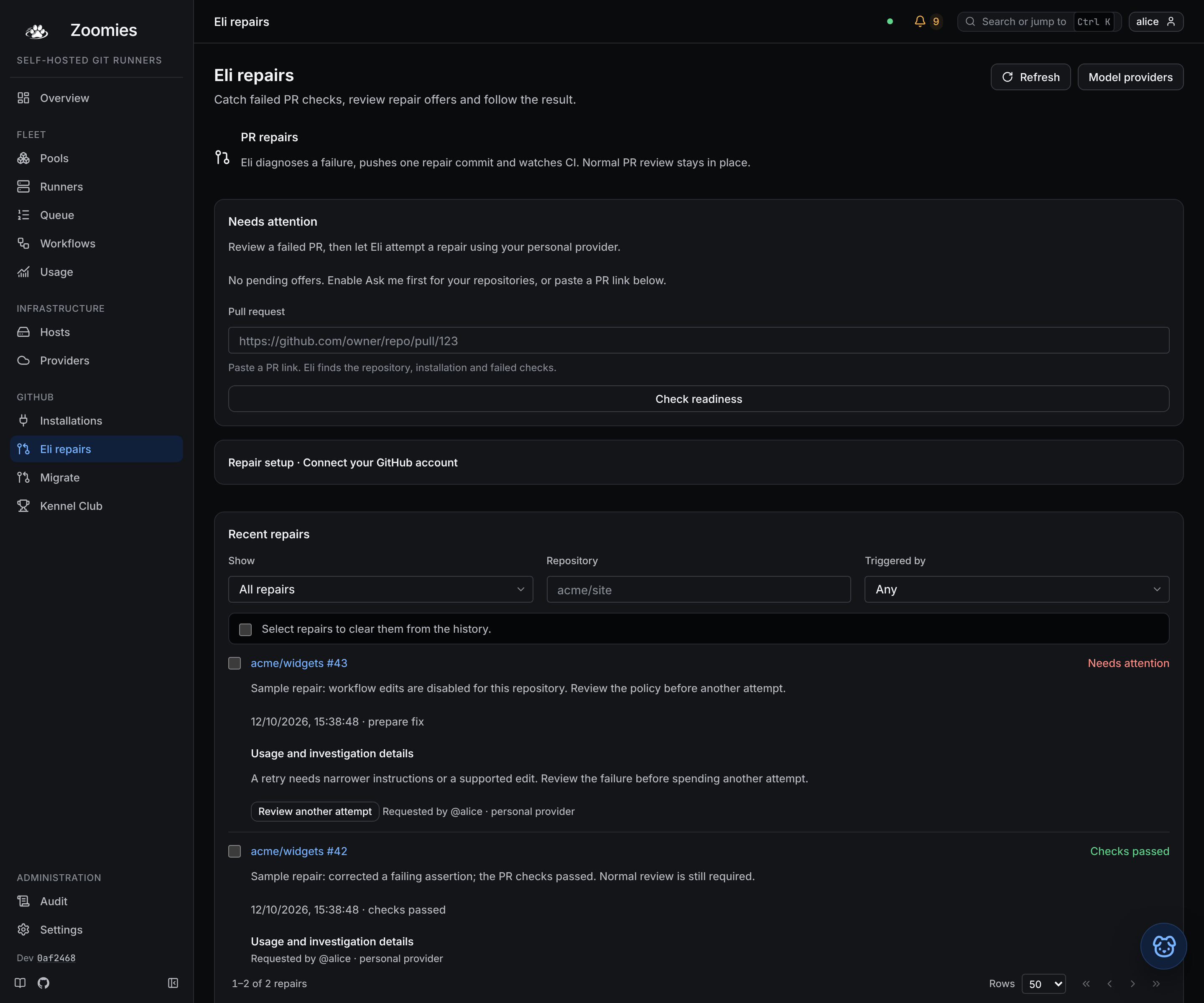 Eli repairs with sample history: the PR request form, then Recent repairs with its filters, a checkbox on each row, a passed repair, an attempt needing attention and the page controls