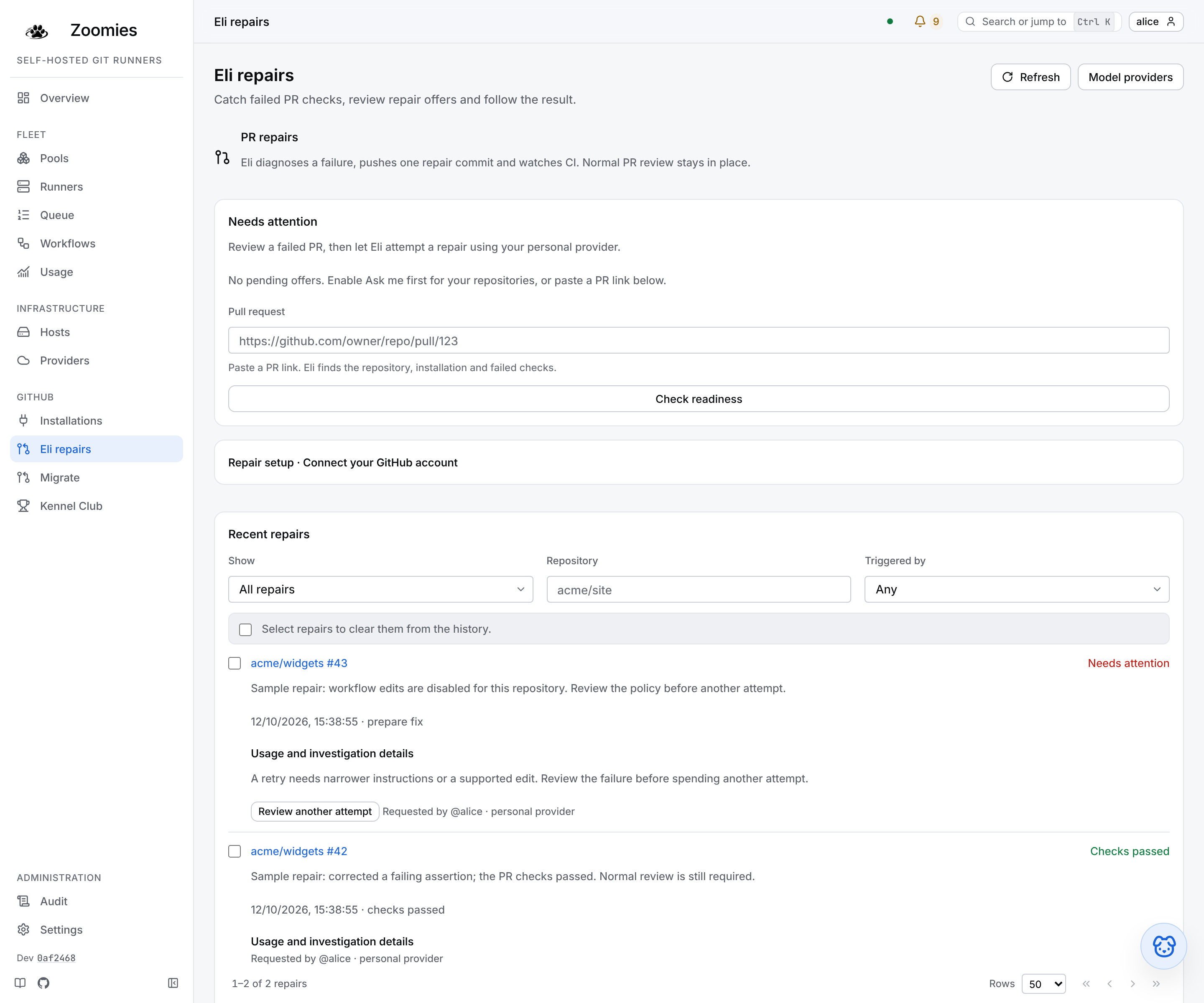 Eli repairs with sample history: the PR request form, then Recent repairs with its filters, a checkbox on each row, a passed repair, an attempt needing attention and the page controls