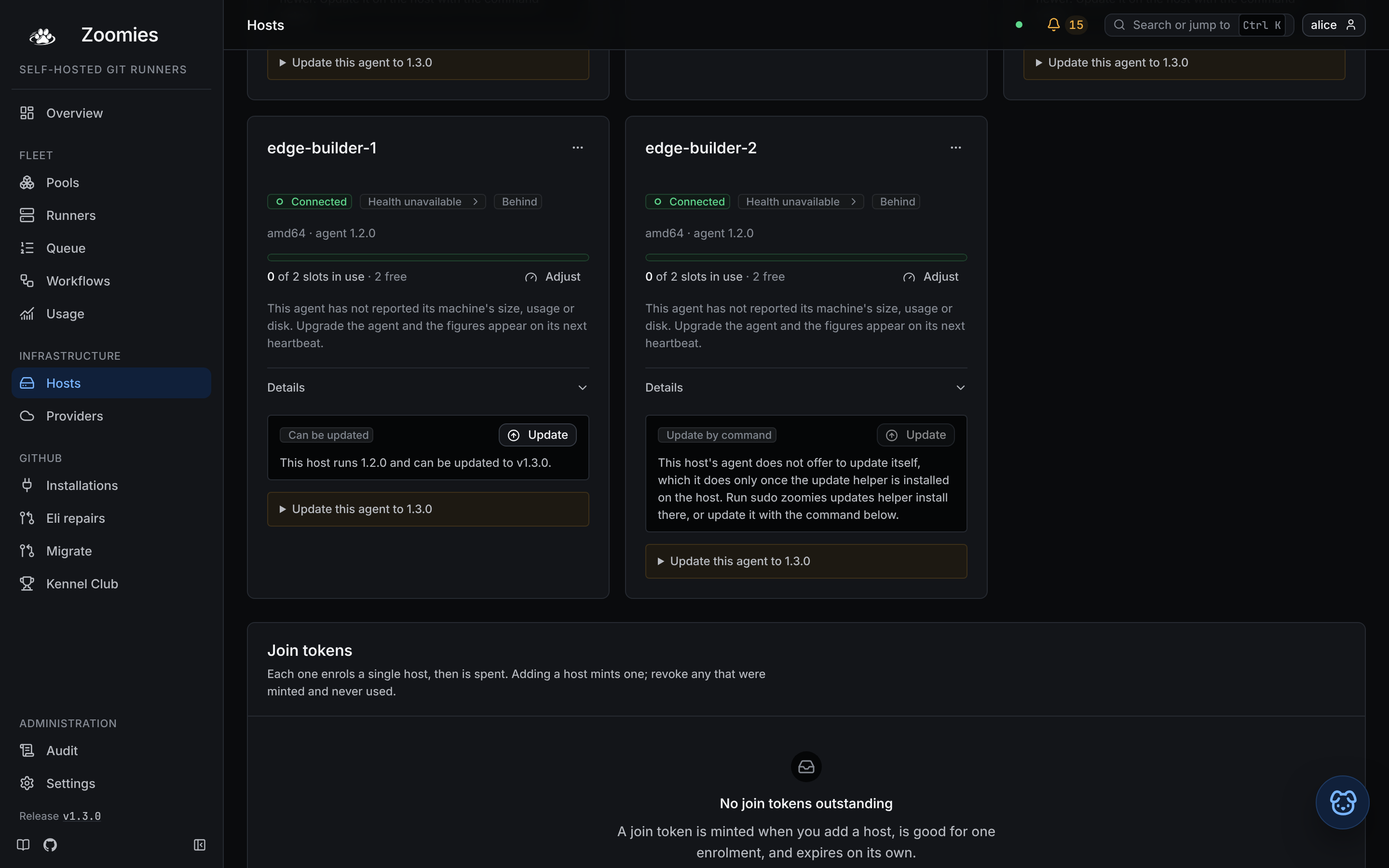 Two host cards on the Hosts page, both behind the controller's release: one says it can be updated, with its Update button, and the other says to update it by command because its update helper is not installed, with the button drawn but not pressable; under each, folded away, is the command that updates the host by hand