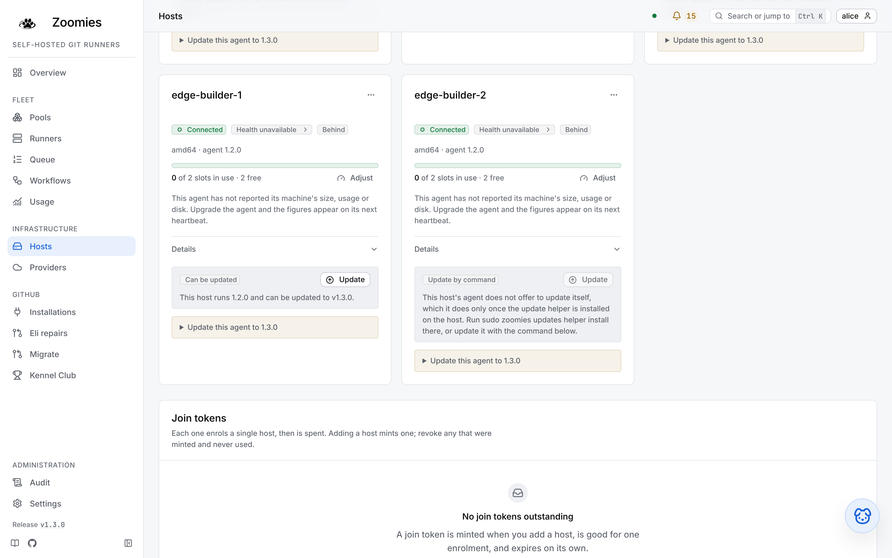 Two host cards on the Hosts page, both behind the controller's release: one says it can be updated, with its Update button, and the other says to update it by command because its update helper is not installed, with the button drawn but not pressable; under each, folded away, is the command that updates the host by hand