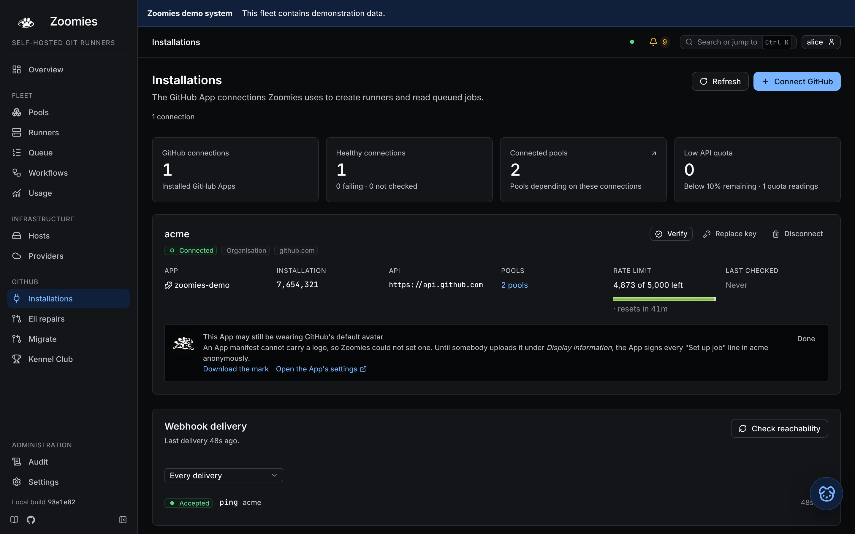The Installations page: one connected organisation with its App, installation, API, pools and rate limit, above the webhook delivery log