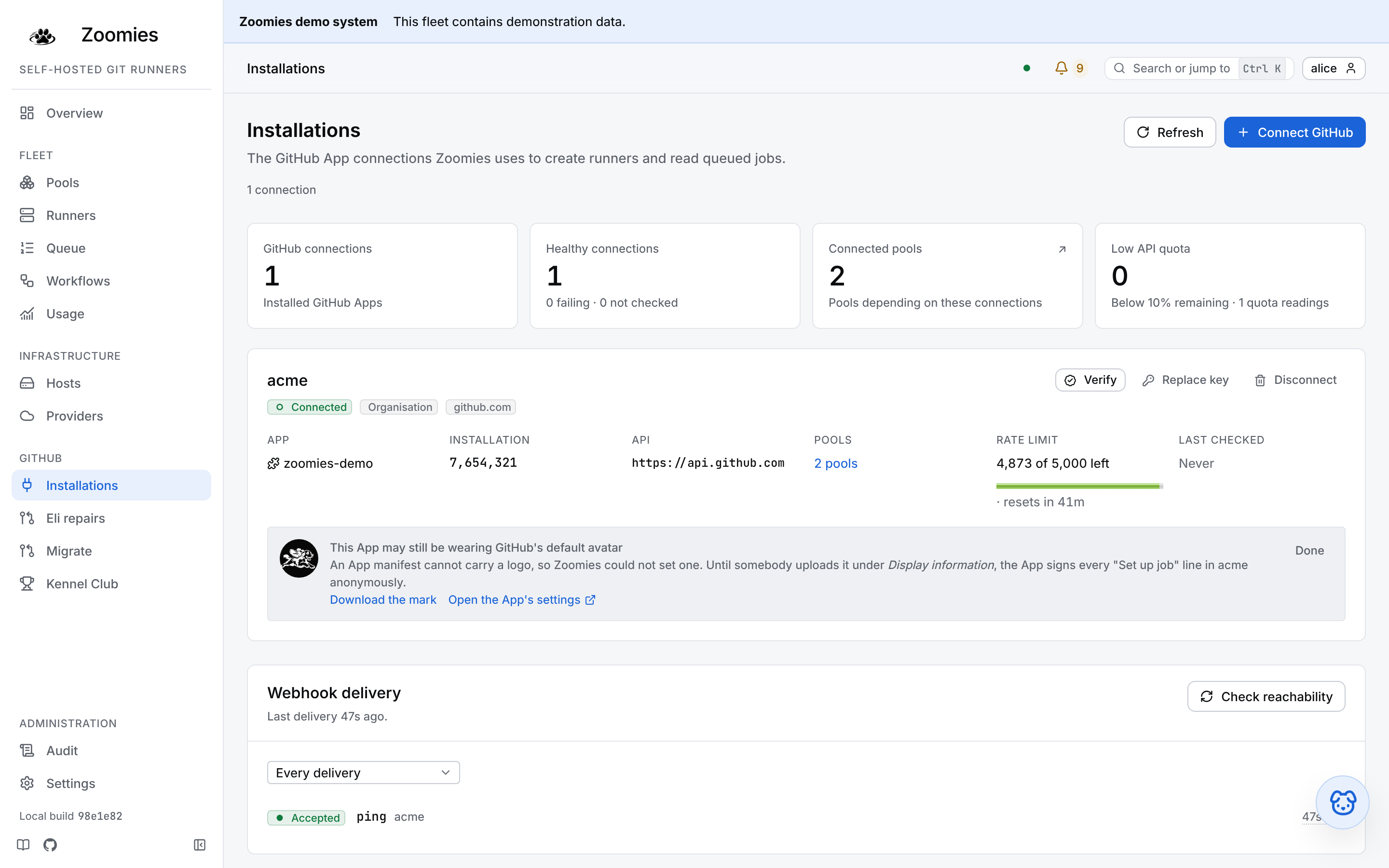 The Installations page: one connected organisation with its App, installation, API, pools and rate limit, above the webhook delivery log