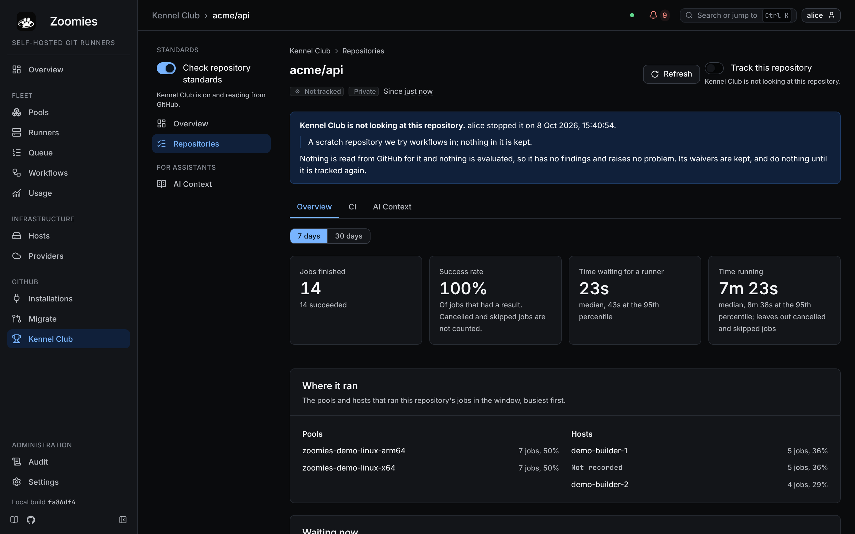 The page of acme/api once it is not tracked: the Track this repository switch off, and a notice saying Kennel Club is not looking at it, who stopped it, when and why