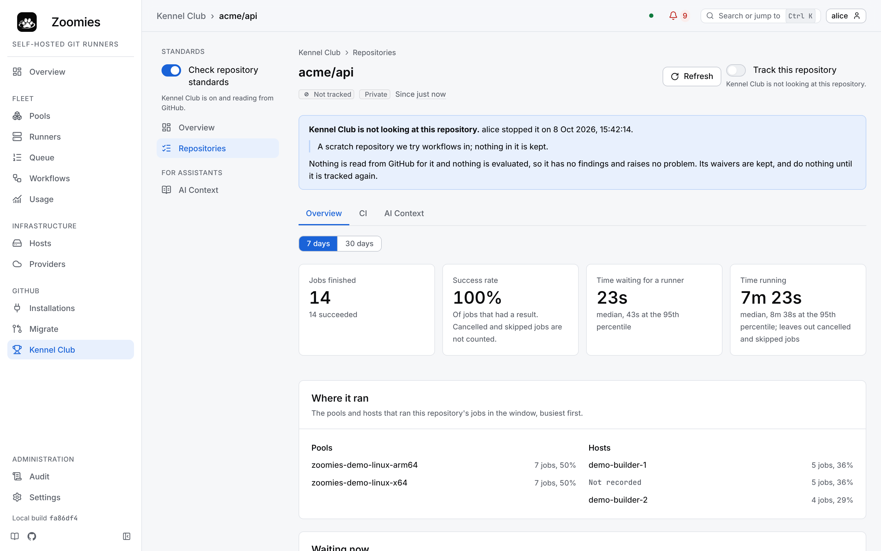 The page of acme/api once it is not tracked: the Track this repository switch off, and a notice saying Kennel Club is not looking at it, who stopped it, when and why