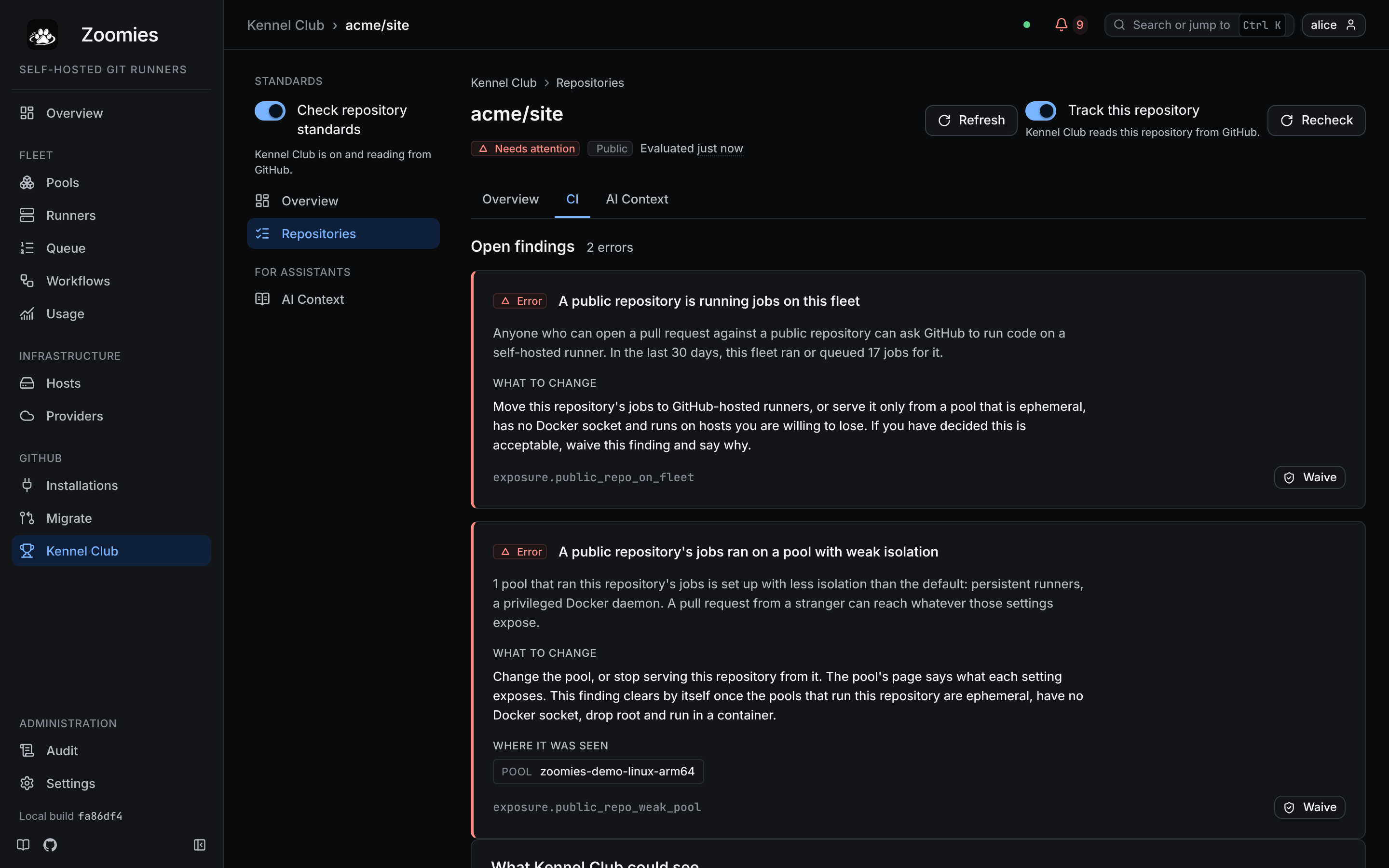 The CI tab of acme/site: two open errors, a public repository running jobs on this fleet and a public repository's jobs run on a pool with weak isolation, each with what to change and a Waive button