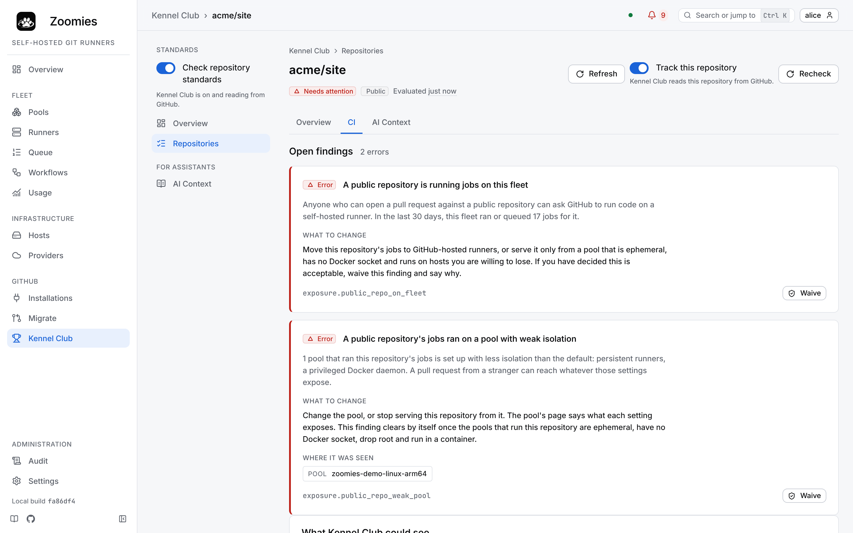 The CI tab of acme/site: two open errors, a public repository running jobs on this fleet and a public repository's jobs run on a pool with weak isolation, each with what to change and a Waive button