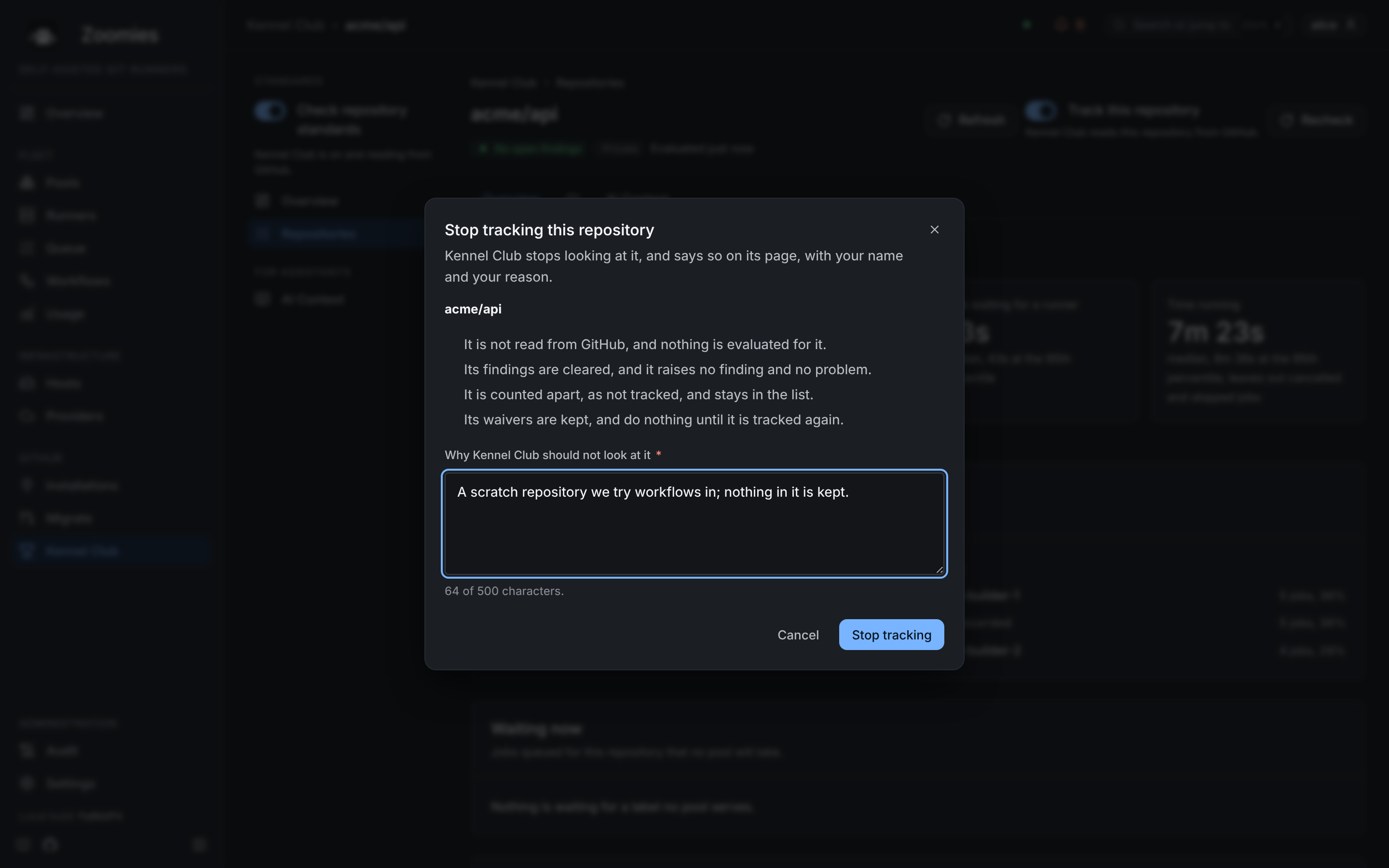 The Stop tracking this repository dialog for acme/api: four consequences listed, a reason for leaving it alone, and the Cancel and Stop tracking buttons