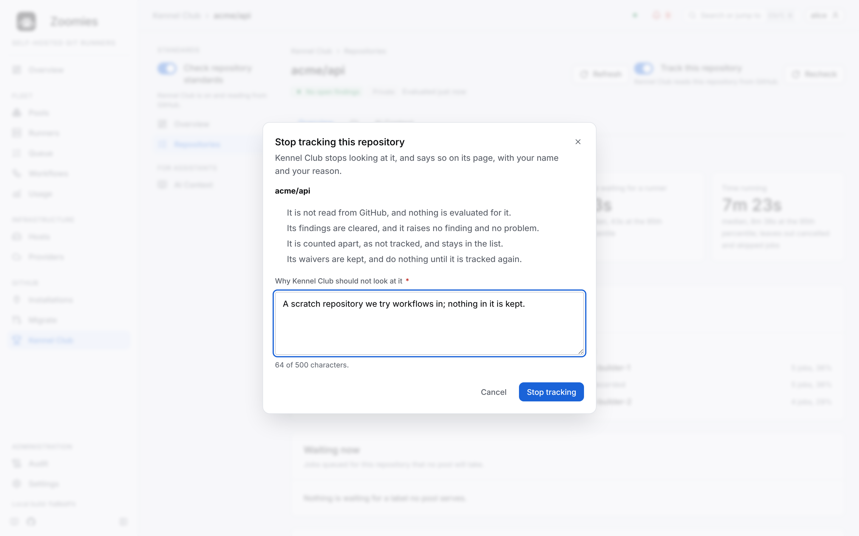 The Stop tracking this repository dialog for acme/api: four consequences listed, a reason for leaving it alone, and the Cancel and Stop tracking buttons