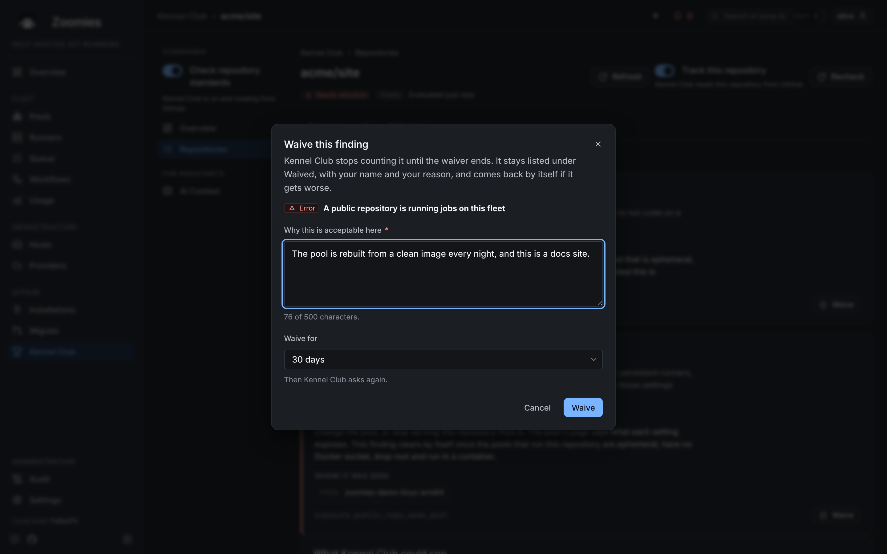 The Waive this finding dialog for a public repository running jobs on this fleet: a reason typed in, a waiver of 30 days, and the Cancel and Waive buttons