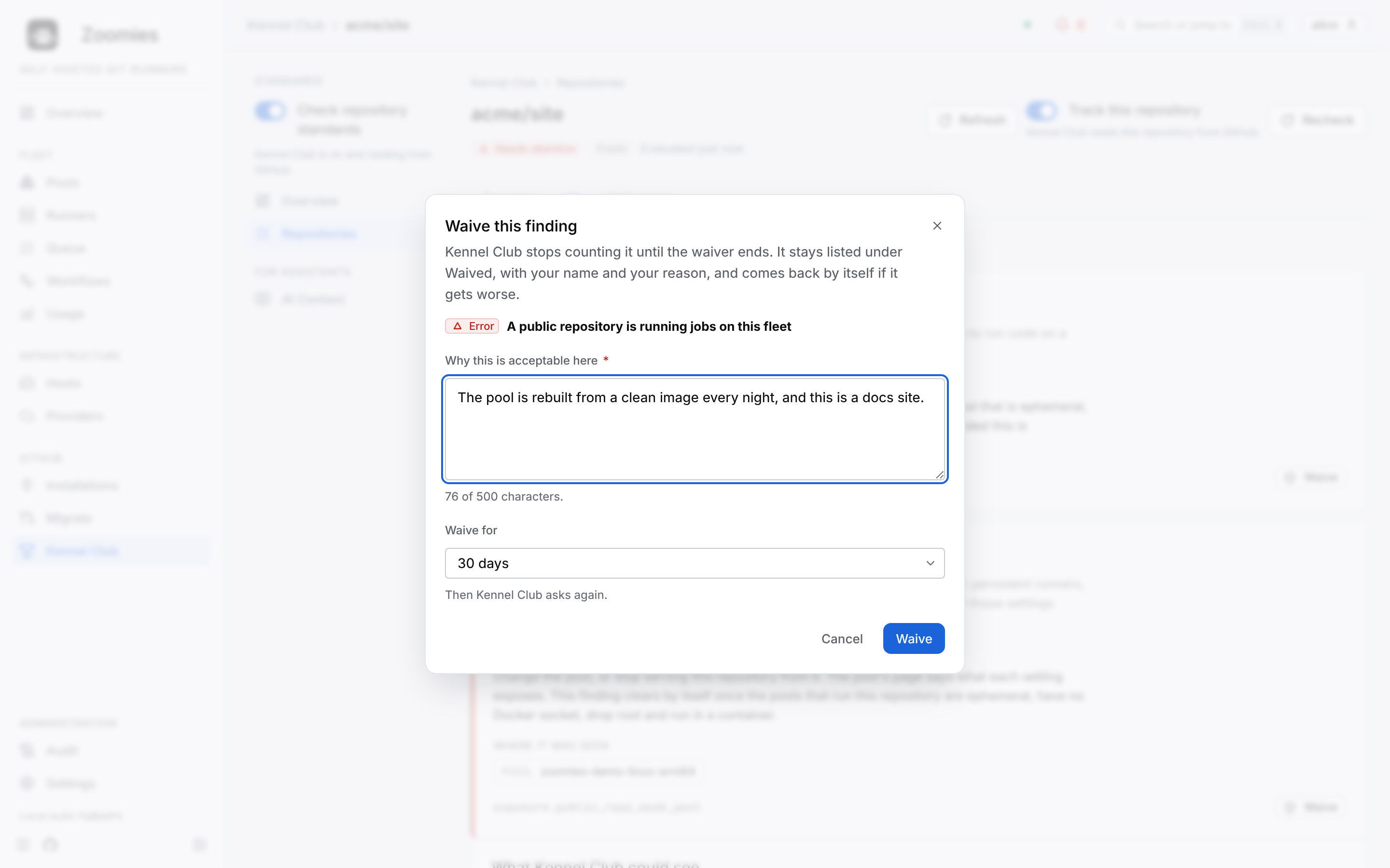 The Waive this finding dialog for a public repository running jobs on this fleet: a reason typed in, a waiver of 30 days, and the Cancel and Waive buttons