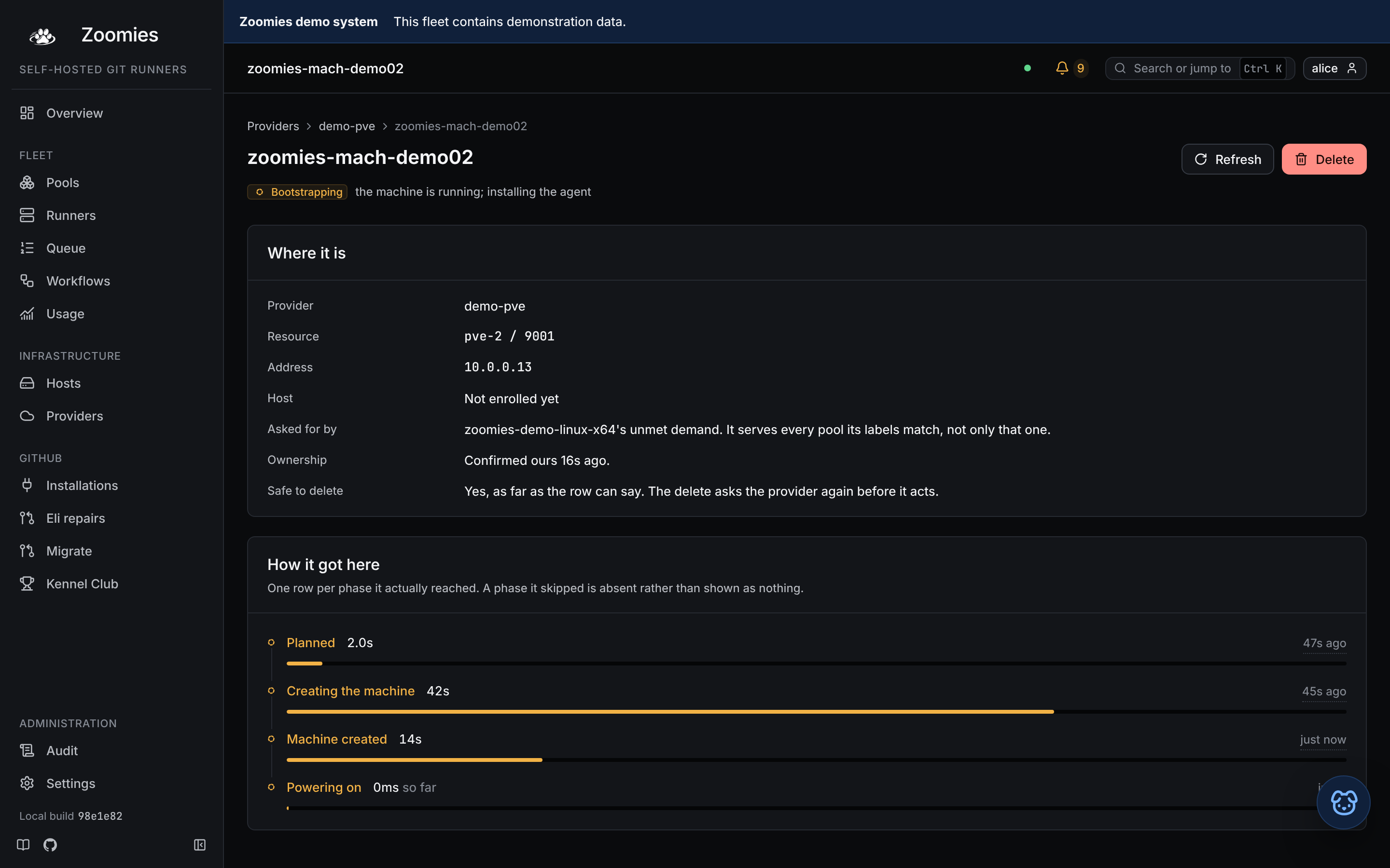 A machine's page: where it is at the provider, which pool's unmet demand asked for it, whether a delete would be safe, and a timeline of the phases it has reached with the last one still counting