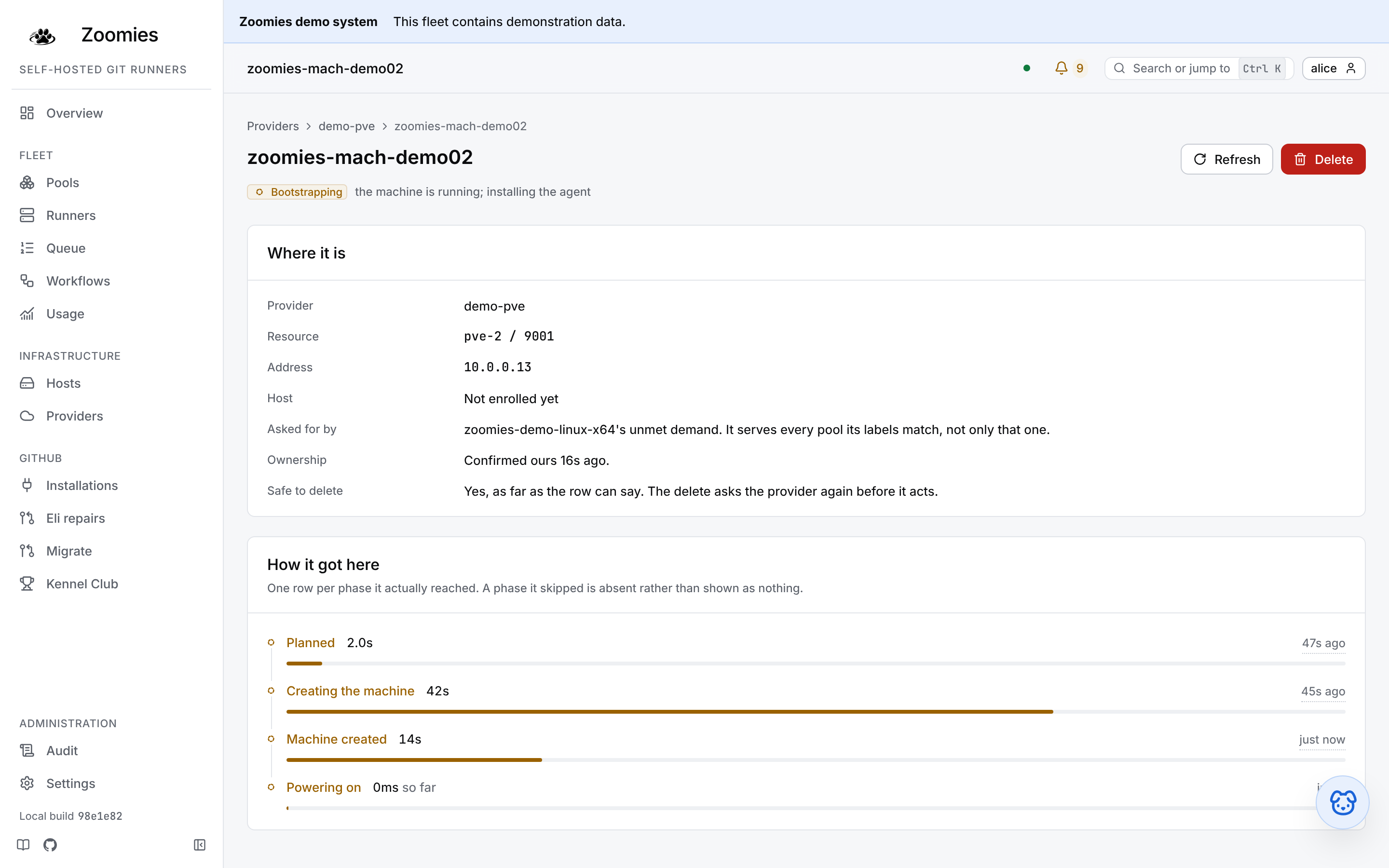 A machine's page: where it is at the provider, which pool's unmet demand asked for it, whether a delete would be safe, and a timeline of the phases it has reached with the last one still counting