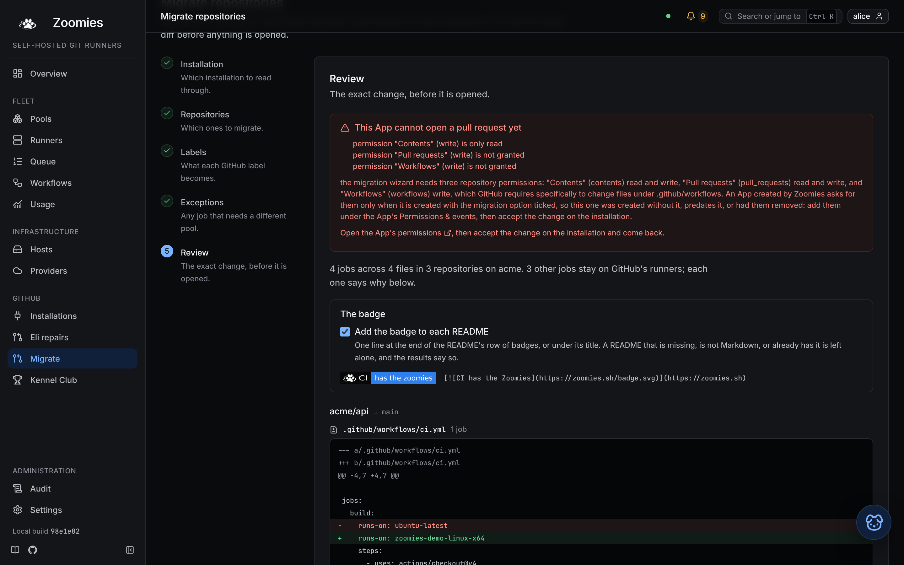 The migration wizard's review step: the exact diff for one repository, changing runs-on from ubuntu-latest to the pool's labels, and the jobs it will not touch