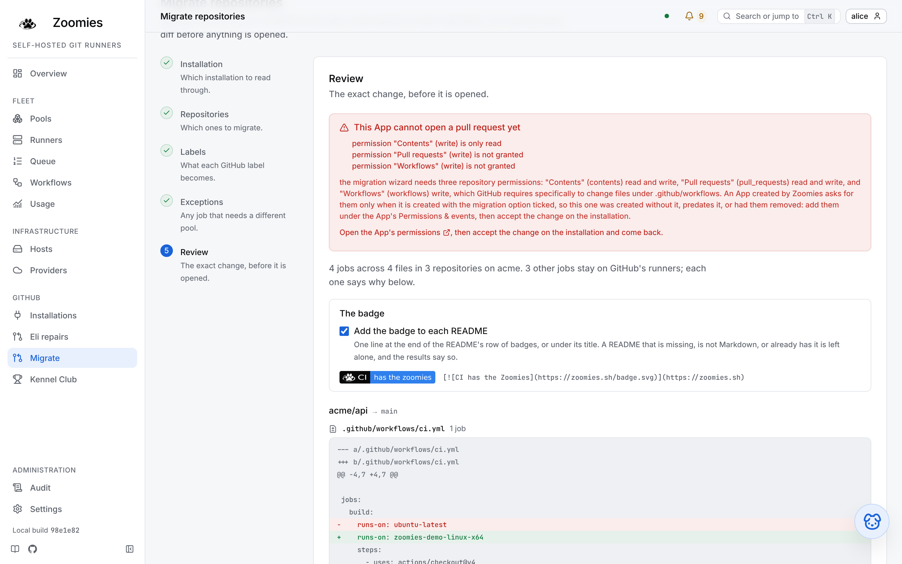 The migration wizard's review step: the exact diff for one repository, changing runs-on from ubuntu-latest to the pool's labels, and the jobs it will not touch