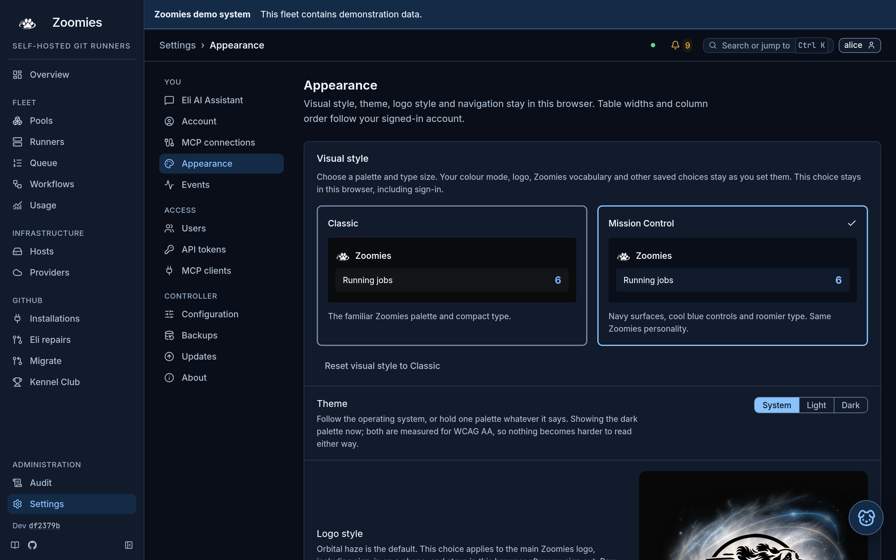 Mission Control visual-style selection