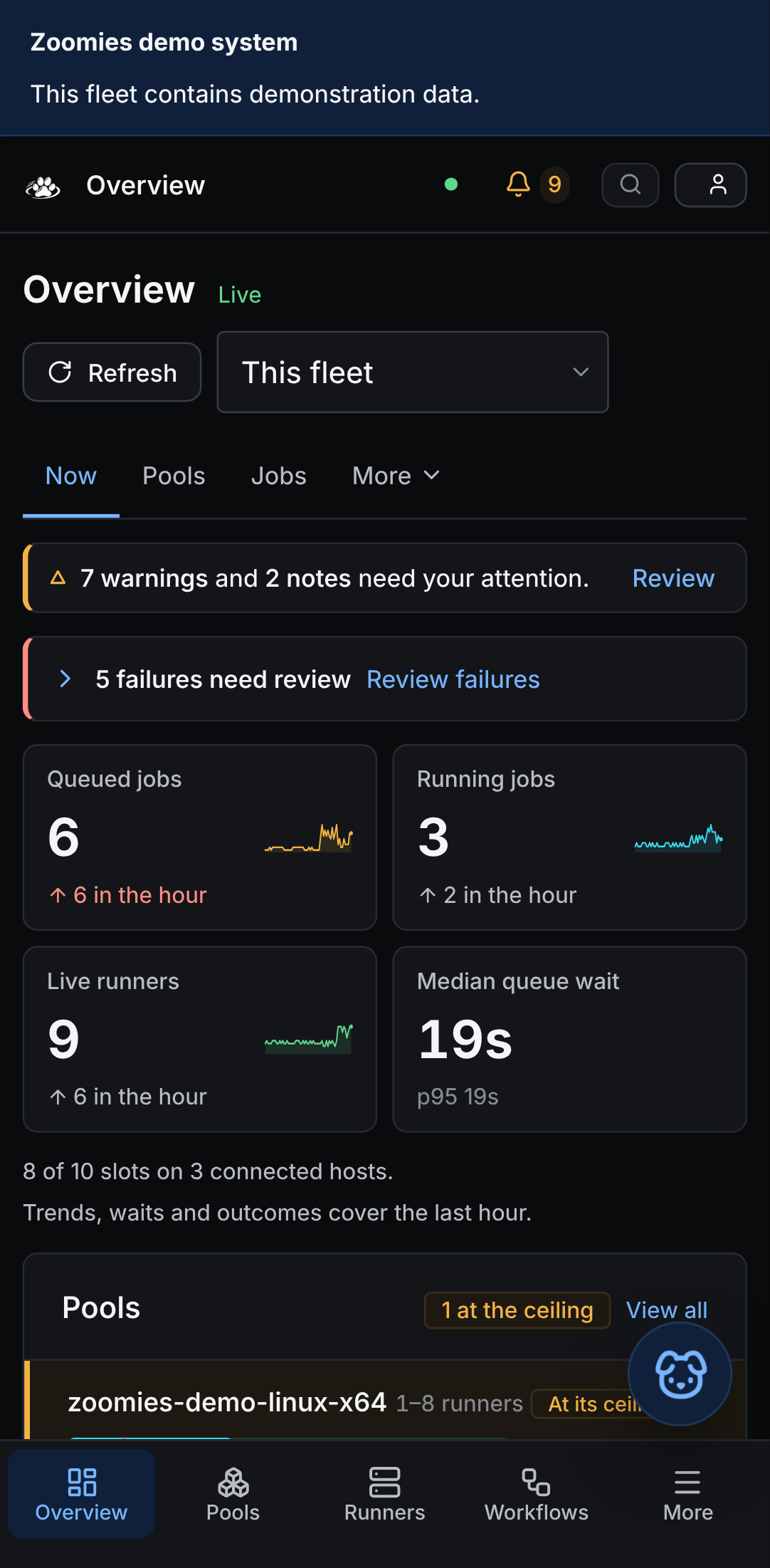 The Overview: four metric tiles with an hour of sparkline behind each, runner startup and registration times, a one-line problems summary, per-pool utilisation bars and a feed of the fleet's recent events