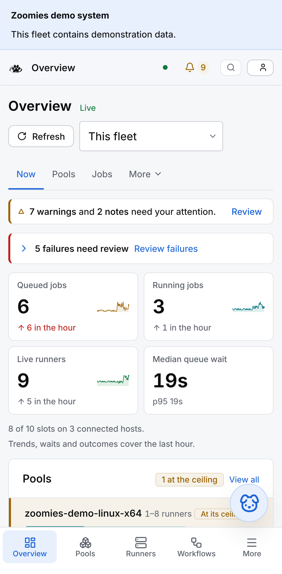The Overview: four metric tiles with an hour of sparkline behind each, runner startup and registration times, a one-line problems summary, per-pool utilisation bars and a feed of the fleet's recent events