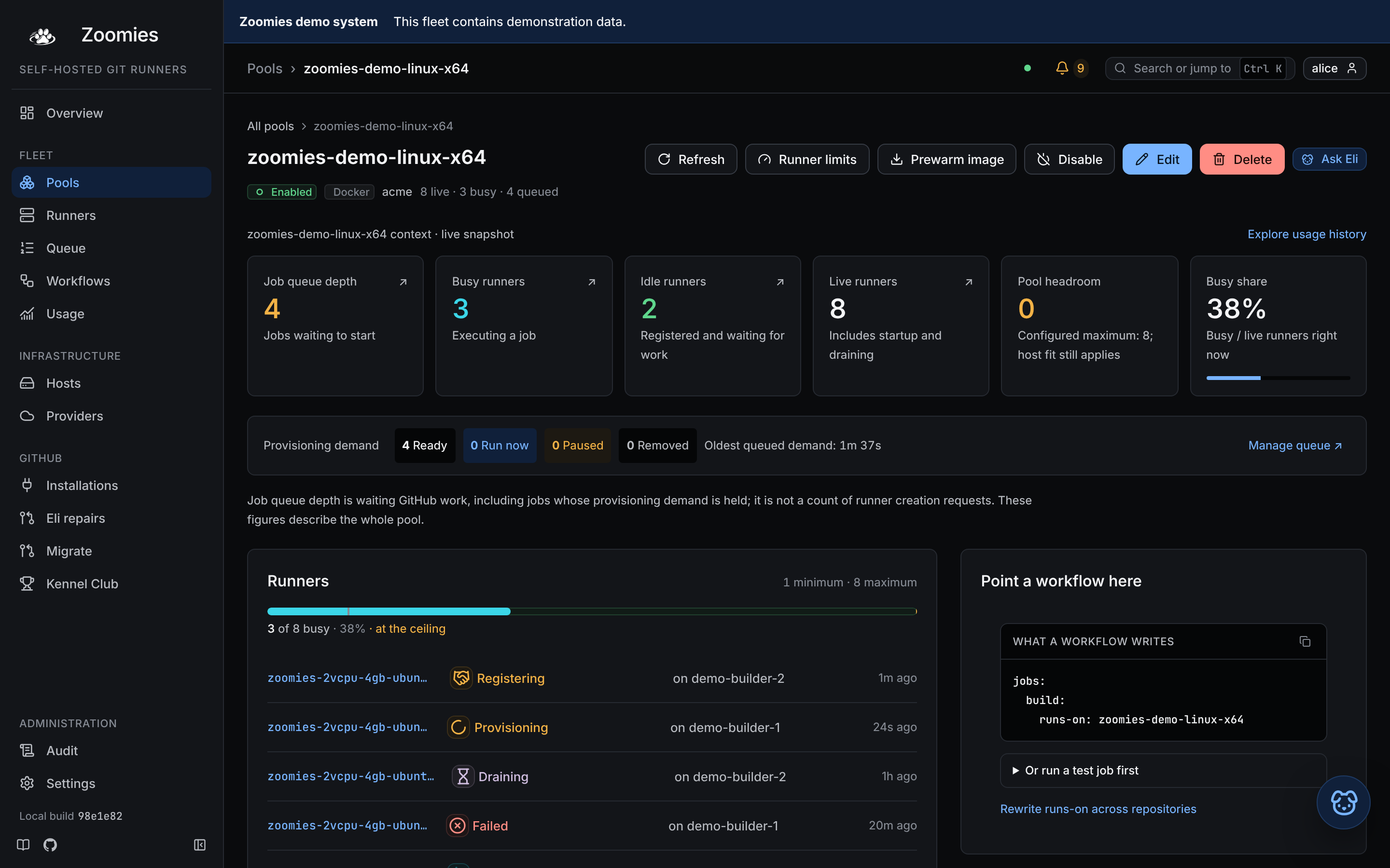 A pool's page: its runners and their states, recent jobs, the runs-on line to copy, and its configuration