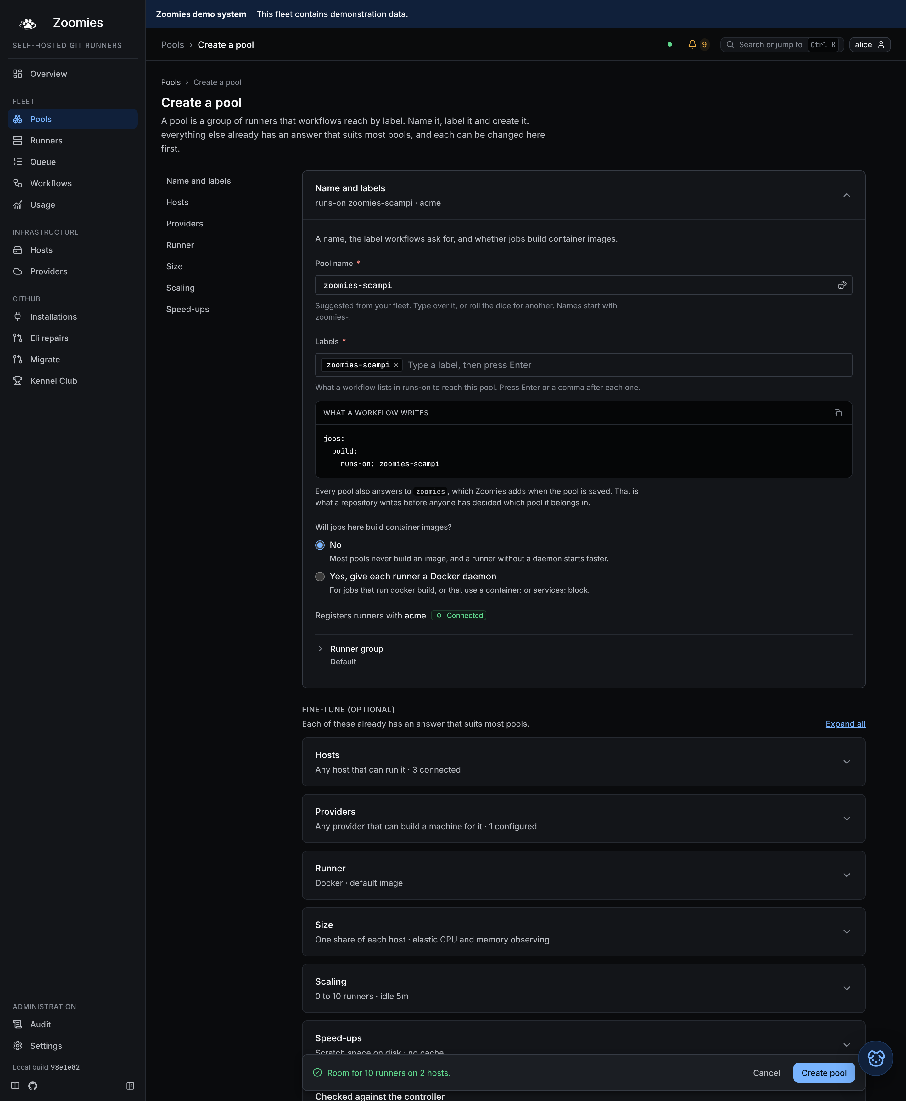 The pool editor as a first pool meets it: the name and labels section open with the runs-on line it produces, and under it a row each for hosts, runner, size, scaling and speed-ups, every one already saying its answer