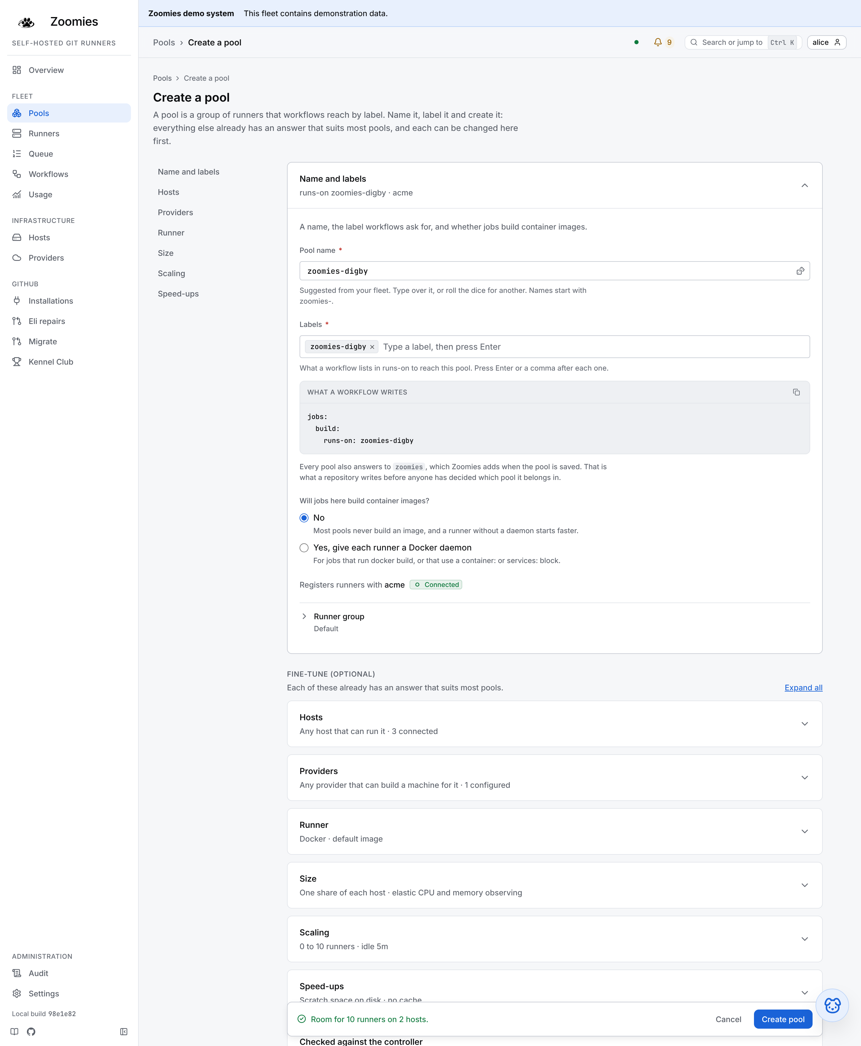 The pool editor as a first pool meets it: the name and labels section open with the runs-on line it produces, and under it a row each for hosts, runner, size, scaling and speed-ups, every one already saying its answer