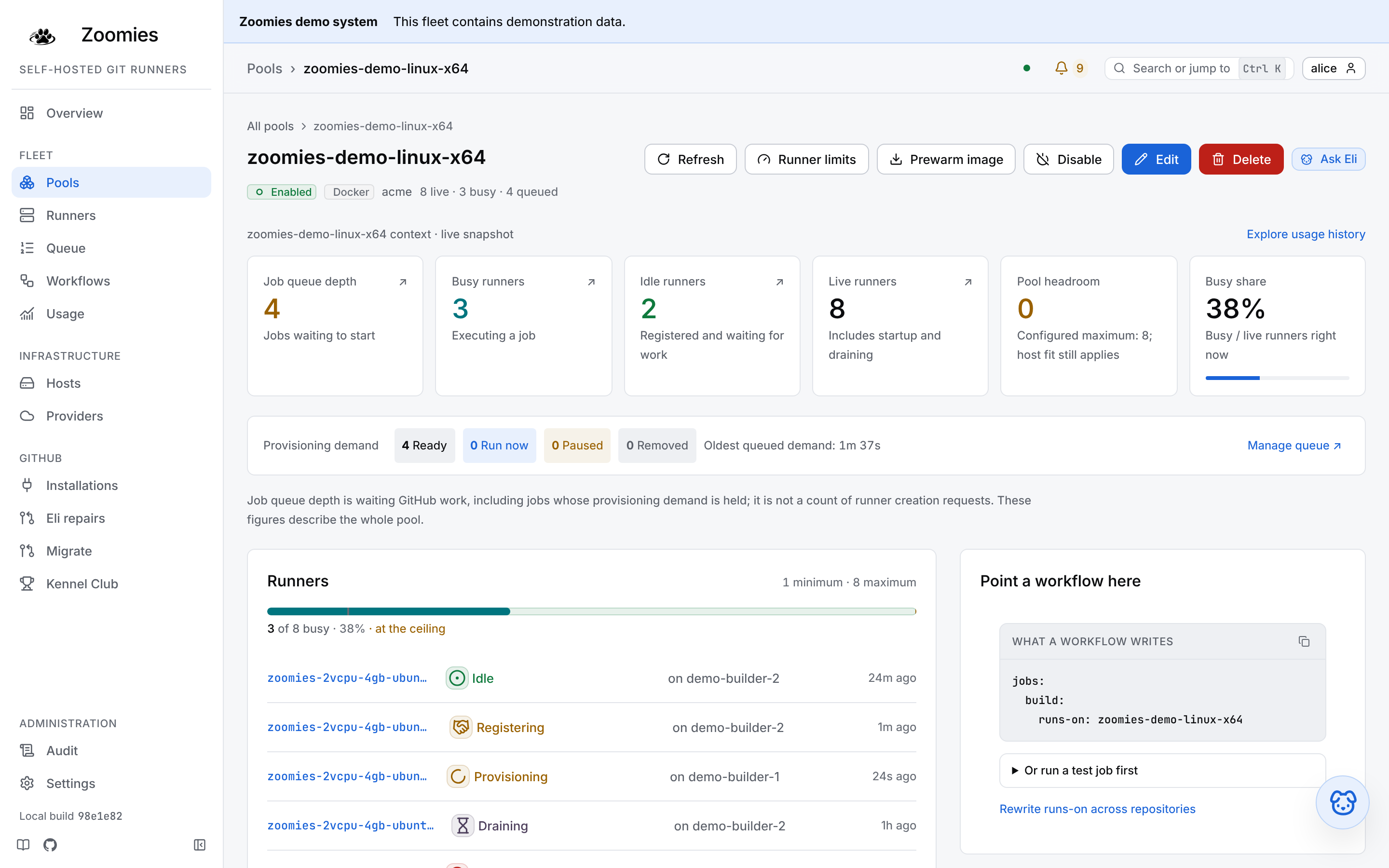 A pool's page: its runners and their states, recent jobs, the runs-on line to copy, and its configuration