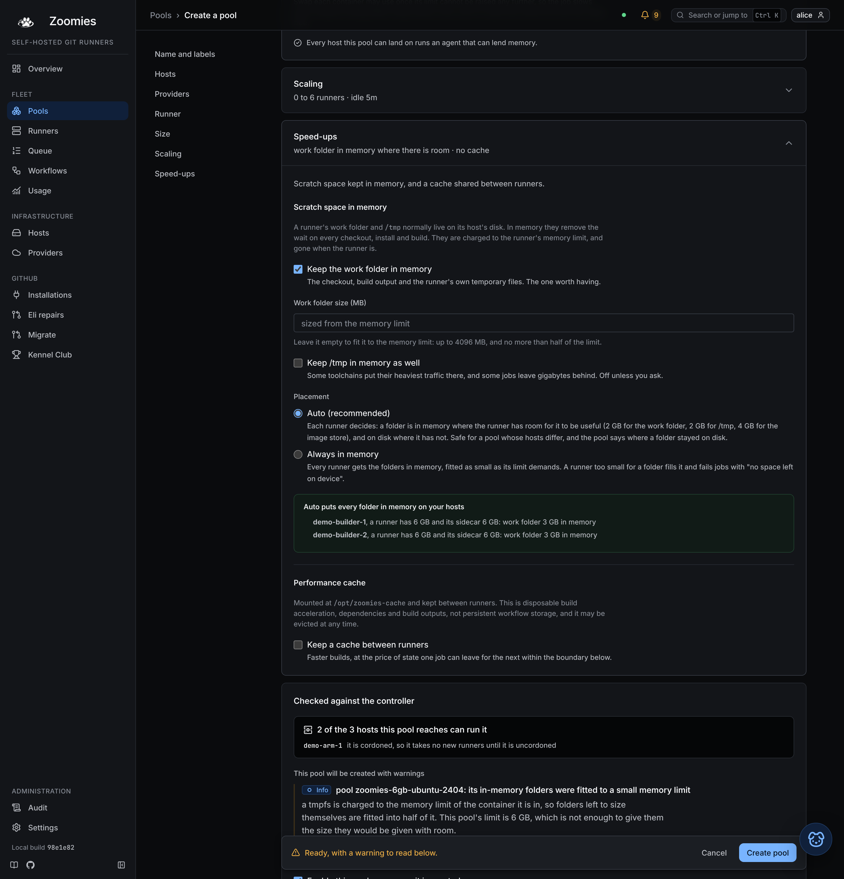 The Speed-ups section of the pool editor with the work folder kept in memory and Placement set to Auto, the recommended choice: a runner too small for the folder keeps it on disk instead of failing jobs.