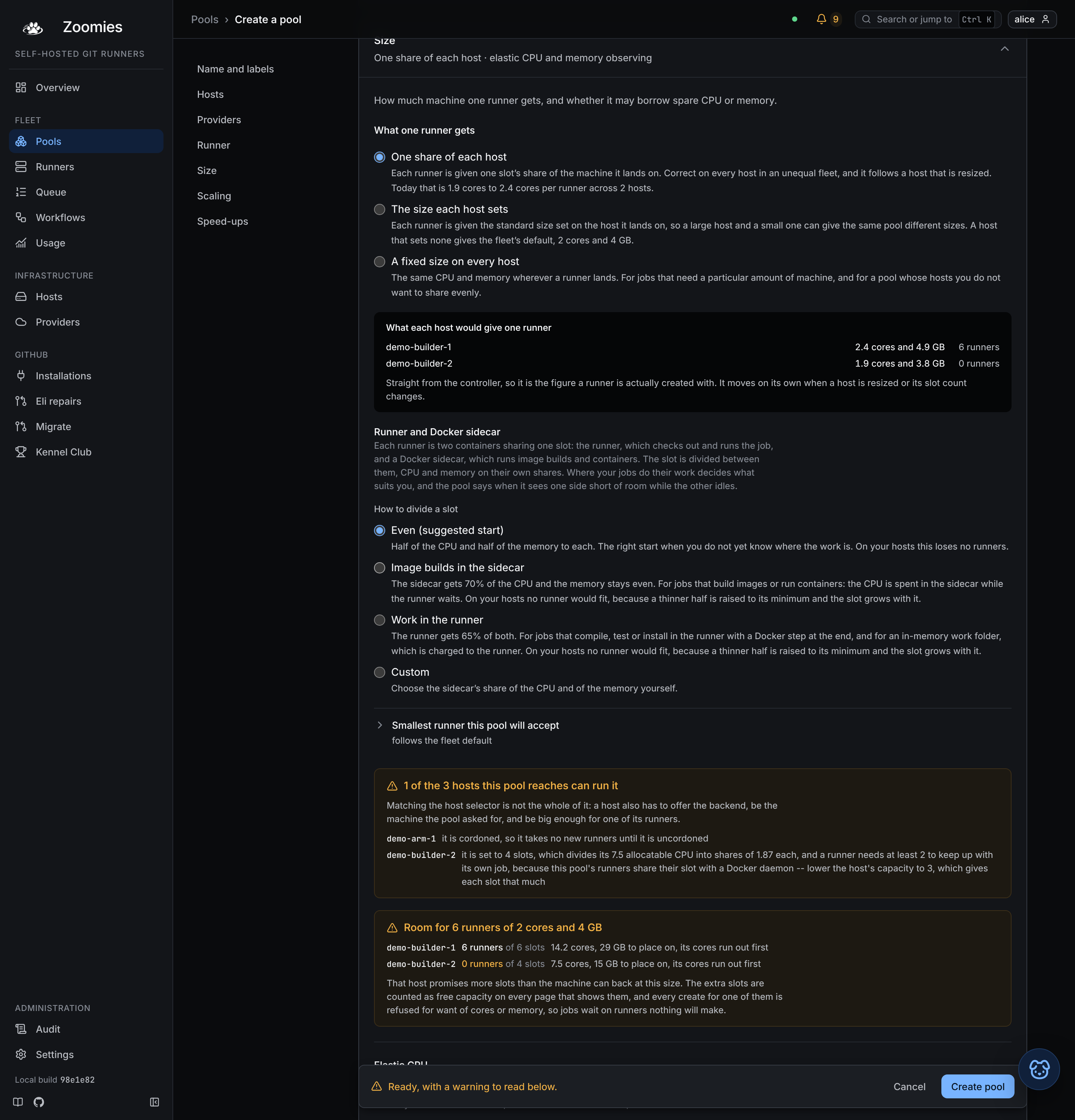 The Size section of the pool editor for a Docker-in-Docker pool, with the Runner and Docker sidecar choice: Even, Image builds in the sidecar, Work in the runner and Custom, each with what it suits and what it costs on the fleet's hosts.