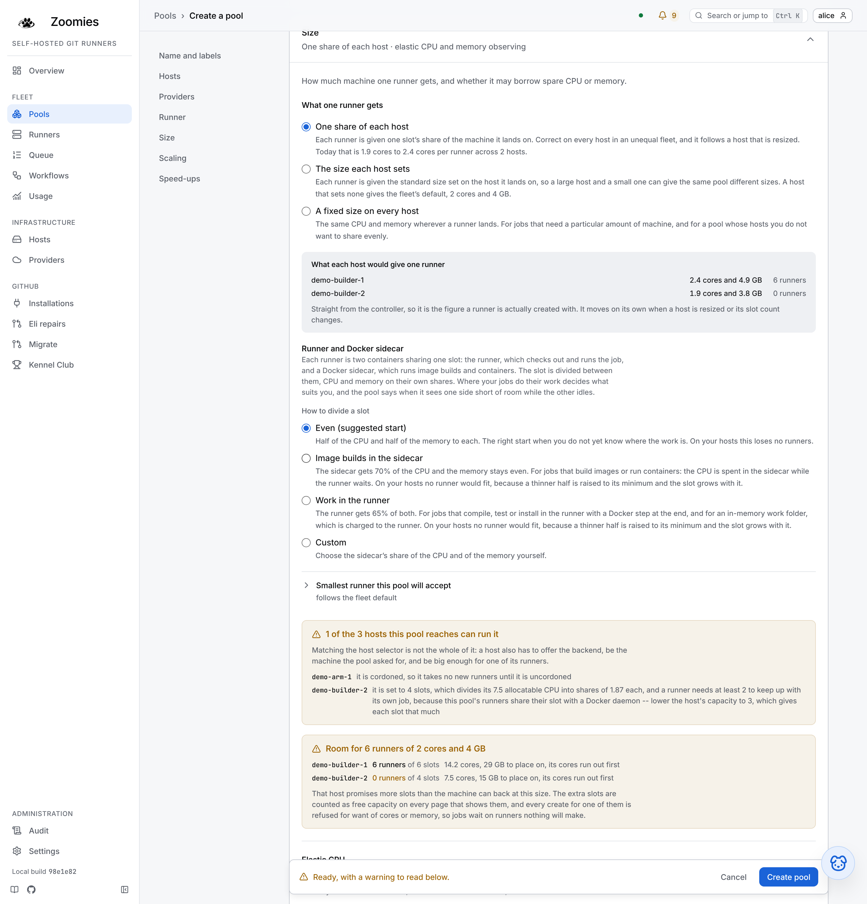 The Size section of the pool editor for a Docker-in-Docker pool, with the Runner and Docker sidecar choice: Even, Image builds in the sidecar, Work in the runner and Custom, each with what it suits and what it costs on the fleet's hosts.