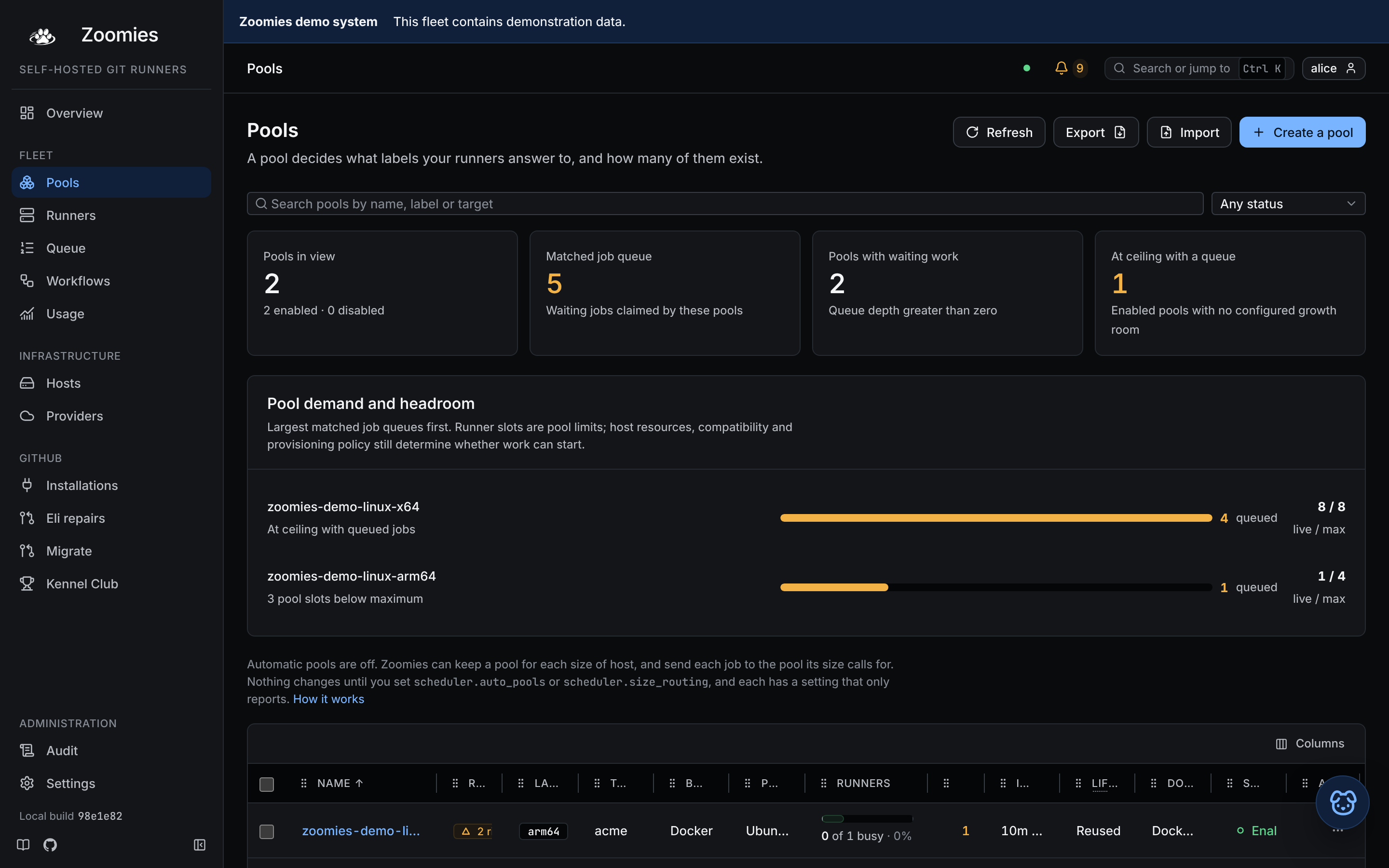 The Pools page: queue pressure and configured headroom above each pool's runner and configuration details